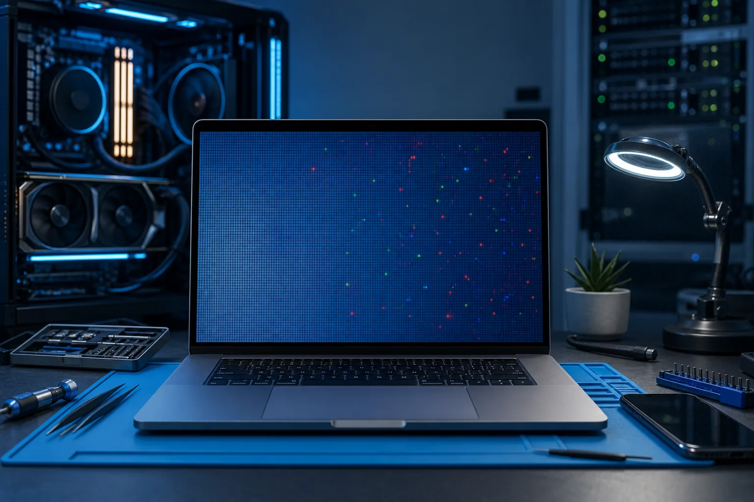 Laptop on a repair mat showing a blue screen with scattered red, green, and blue pixel defects, surrounded by tech repair tools.