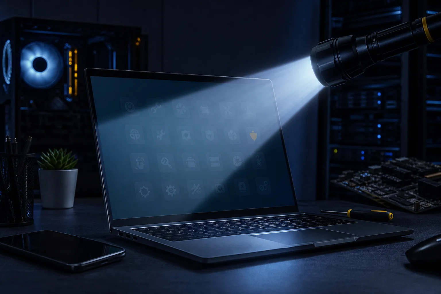 Flashlight beam shining across a dark laptop screen revealing faint icons, desk with phone, plant, screwdriver, and PC tower behind.