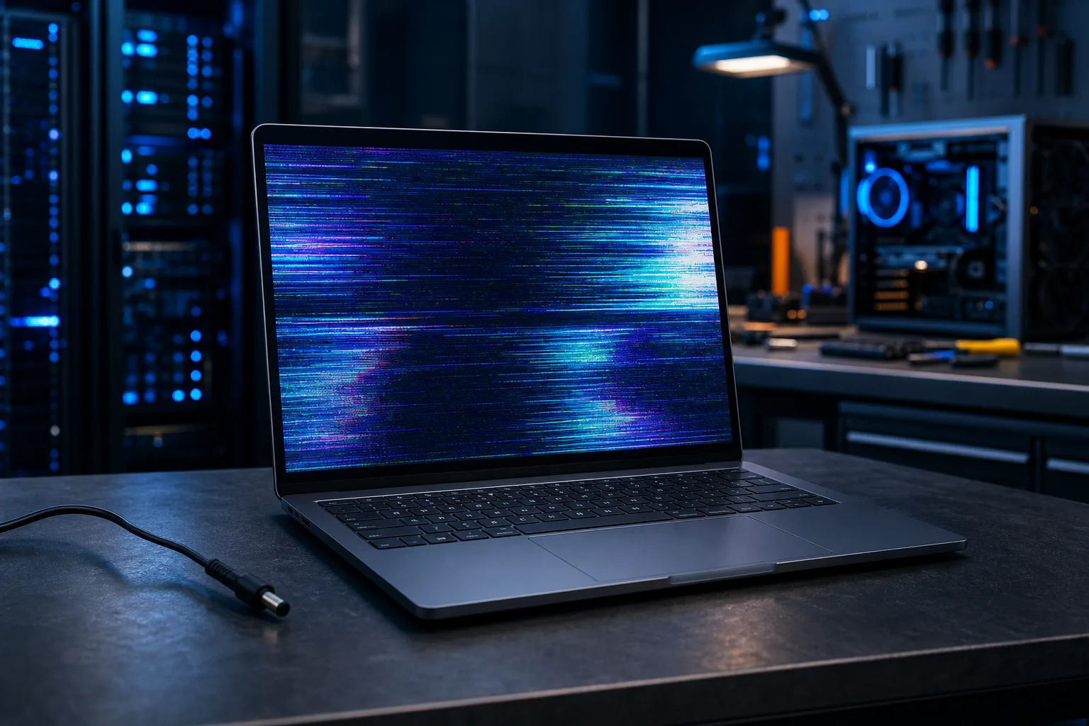 Una laptop sobre una mesa de trabajo oscura que muestra una pantalla parpadeante y distorsionada con franjas horizontales de colores, en un laboratorio tecnológico.
