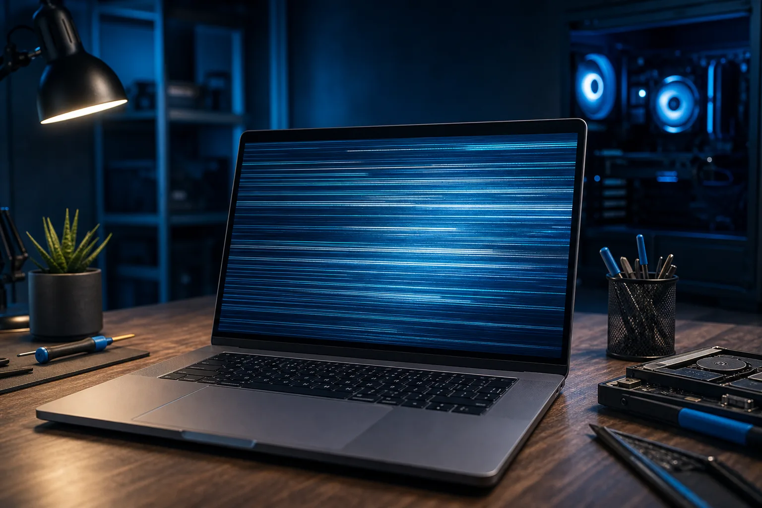 Laptop with horizontal blue glitch lines on screen, open on a wooden desk in a dimly lit tech workspace.