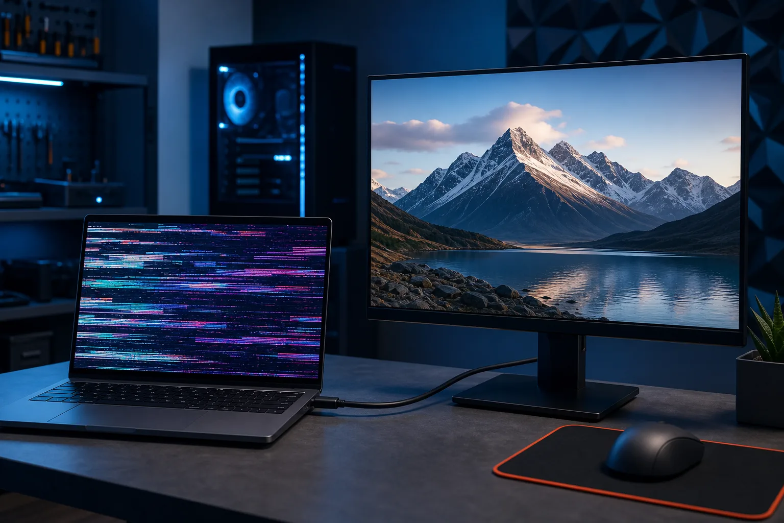 Laptop with glitchy striped screen connected via cable to external monitor showing mountain landscape, on a dark desk.