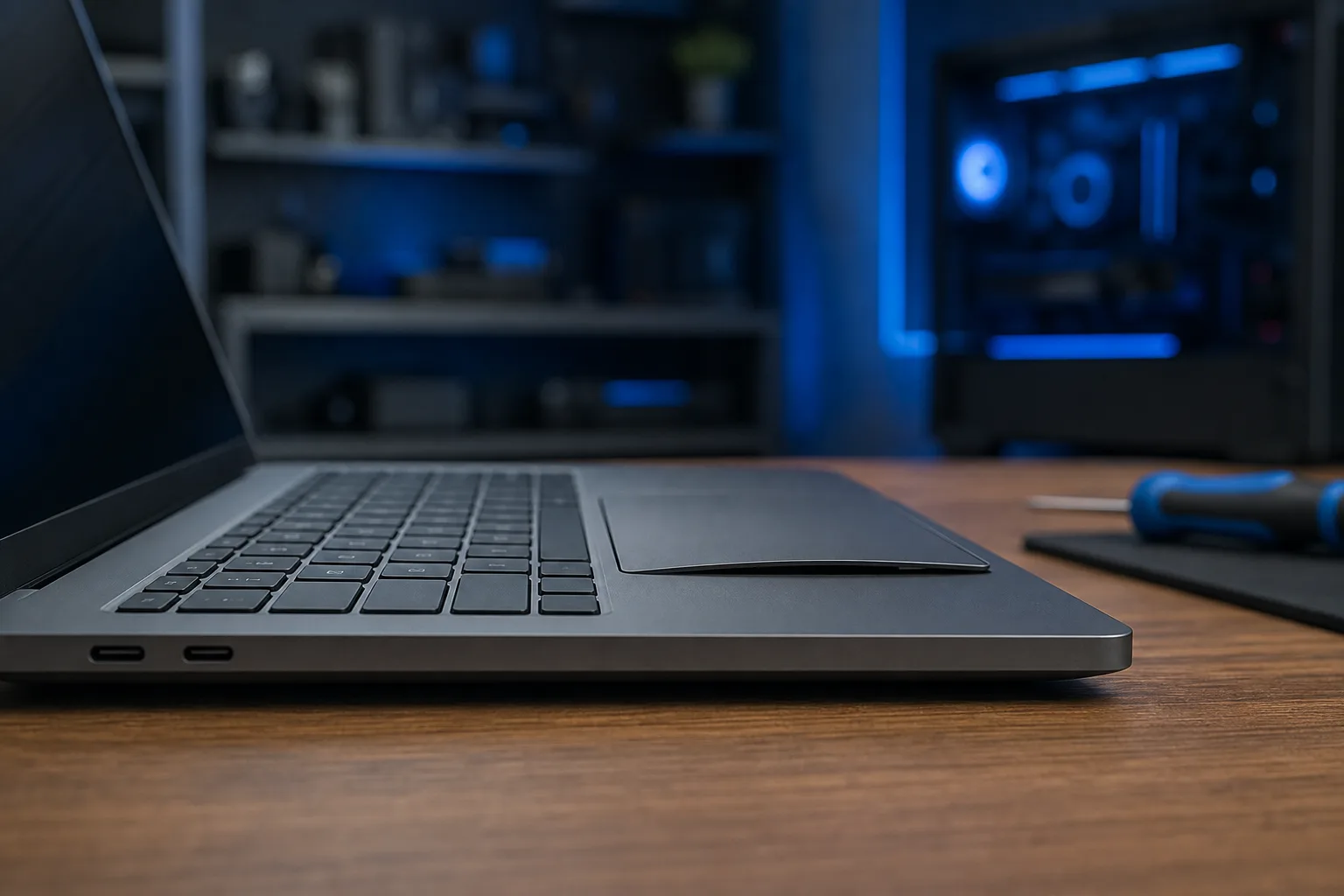 Vista cercana desde un ángulo lateral de una laptop gris sobre un escritorio de madera, con el trackpad visiblemente levantado o abultado, destornilladores cerca y una PC azul al fondo