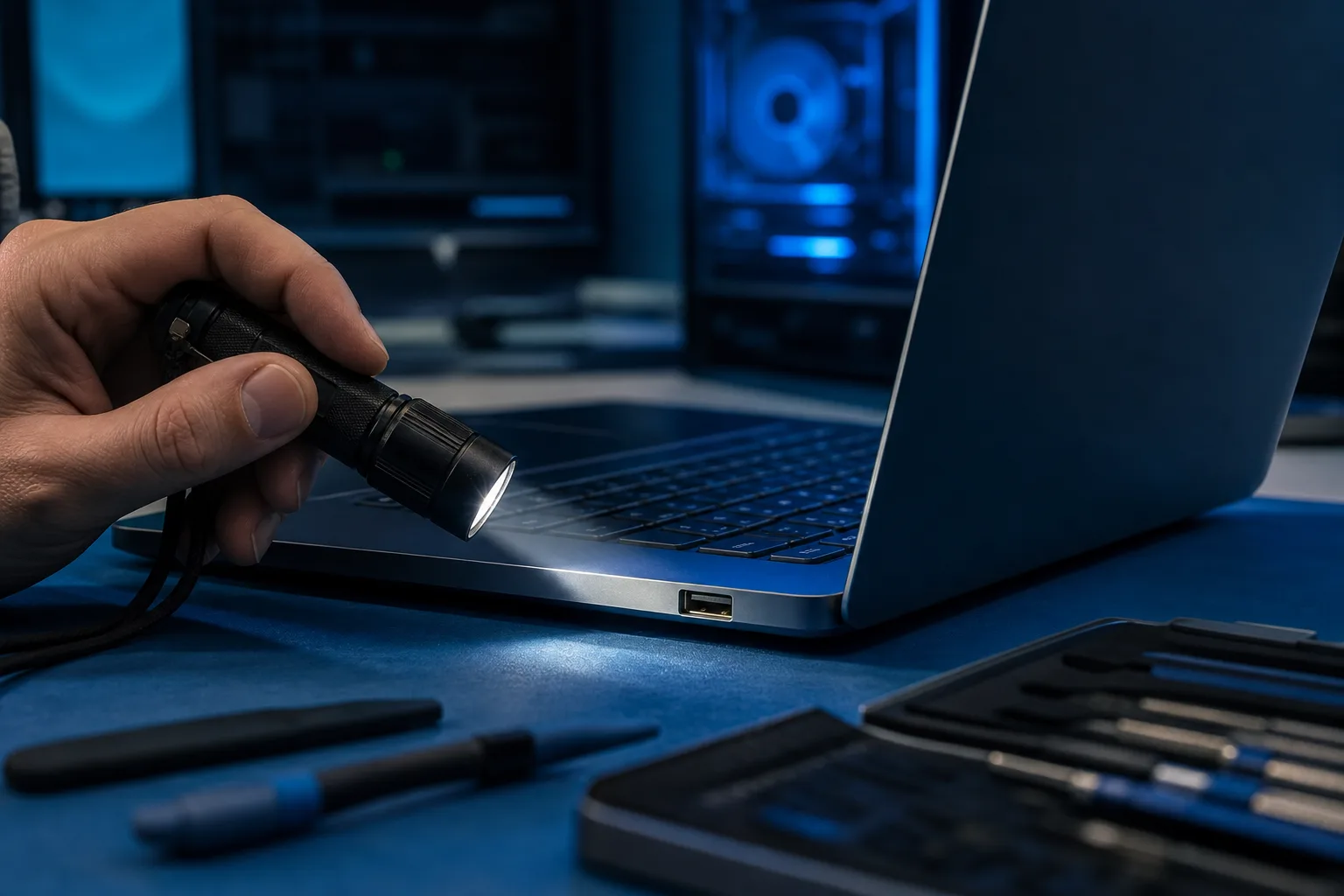 Hand holding a small flashlight aimed at a laptop's USB port on a workbench with screwdrivers and a PC tower in background.