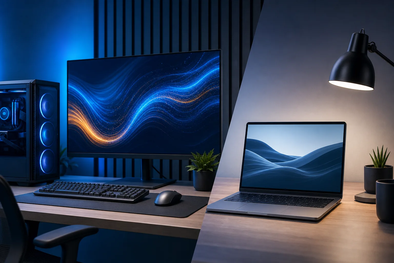 Split scene: gaming desktop with glowing monitor and tower on left; laptop on minimal warm-lit desk with lamp on right.