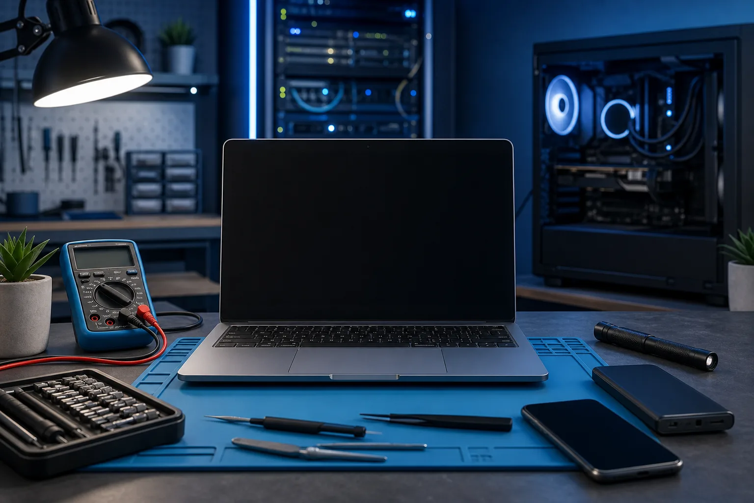 A laptop with black screen on a blue repair mat surrounded by multimeter, screwdrivers, tweezers, and a smartphone in a tech workshop.