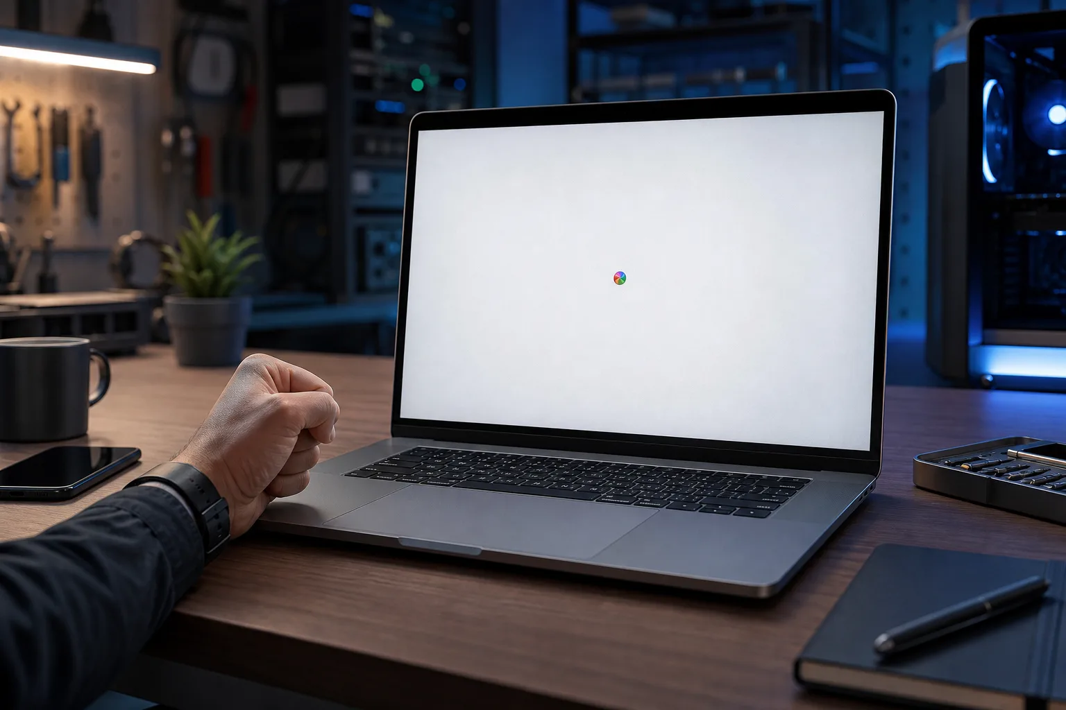 Frustrated hand in fist on MacBook keyboard; white frozen screen with spinning beachball, on wooden desk in dark workshop.