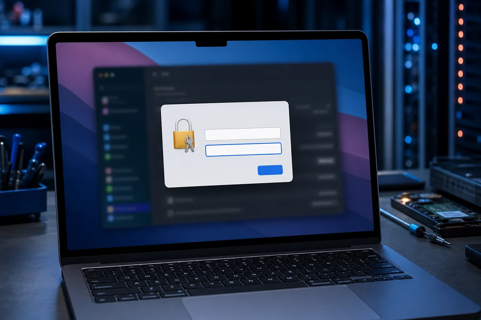 MacBook laptop in dark server room showing a macOS keychain password dialog with padlock icon and two input fields