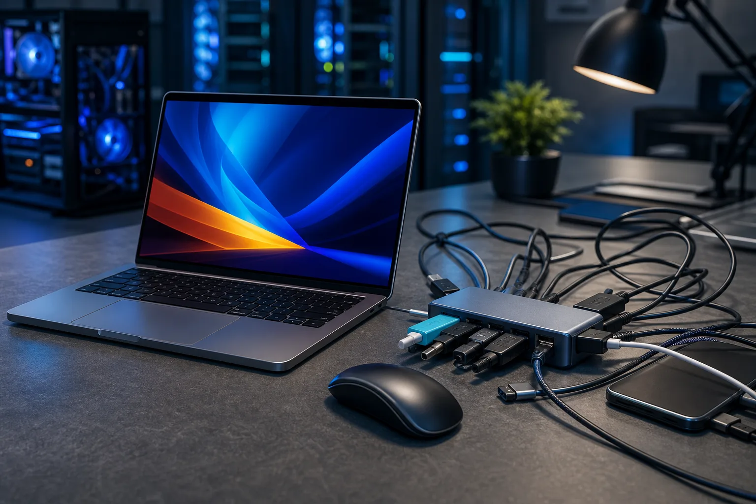 MacBook sobre un escritorio oscuro junto a un hub USB multipuerto con cables enredados, un mouse inalámbrico y una torre de PC con iluminación azul al fondo.
