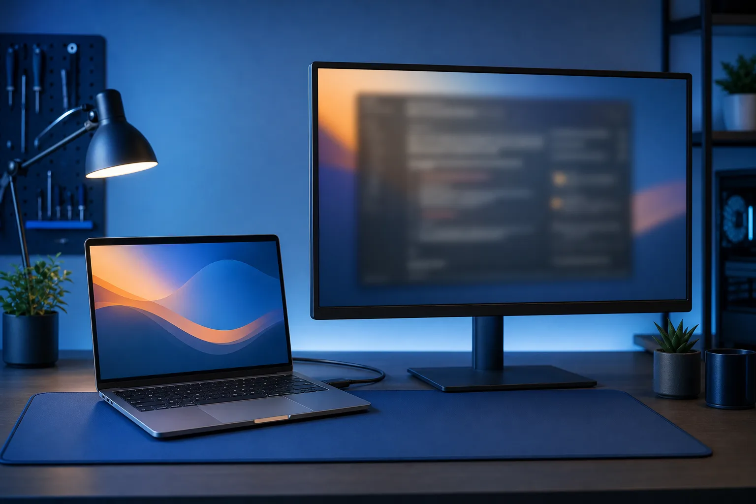 Laptop MacBook conectada mediante un cable a un monitor externo grande sobre un escritorio oscuro, con iluminación ambiental azul y una lámpara de escritorio.