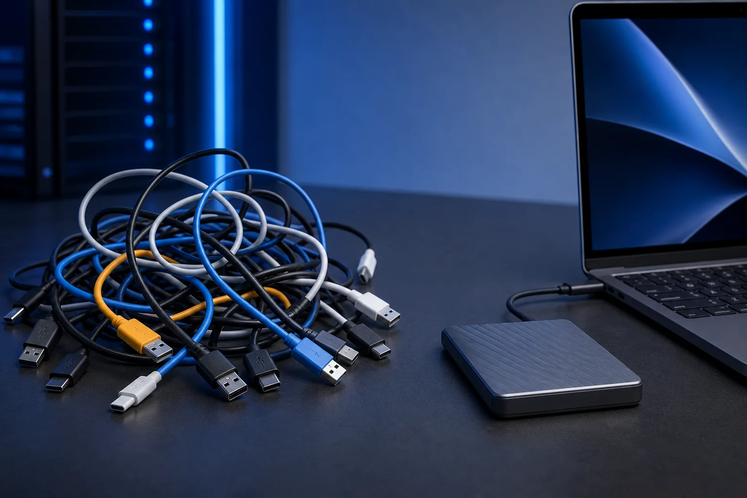 Tangled pile of mixed USB cables in blue, black, yellow, and white next to a portable hard drive connected to a laptop.