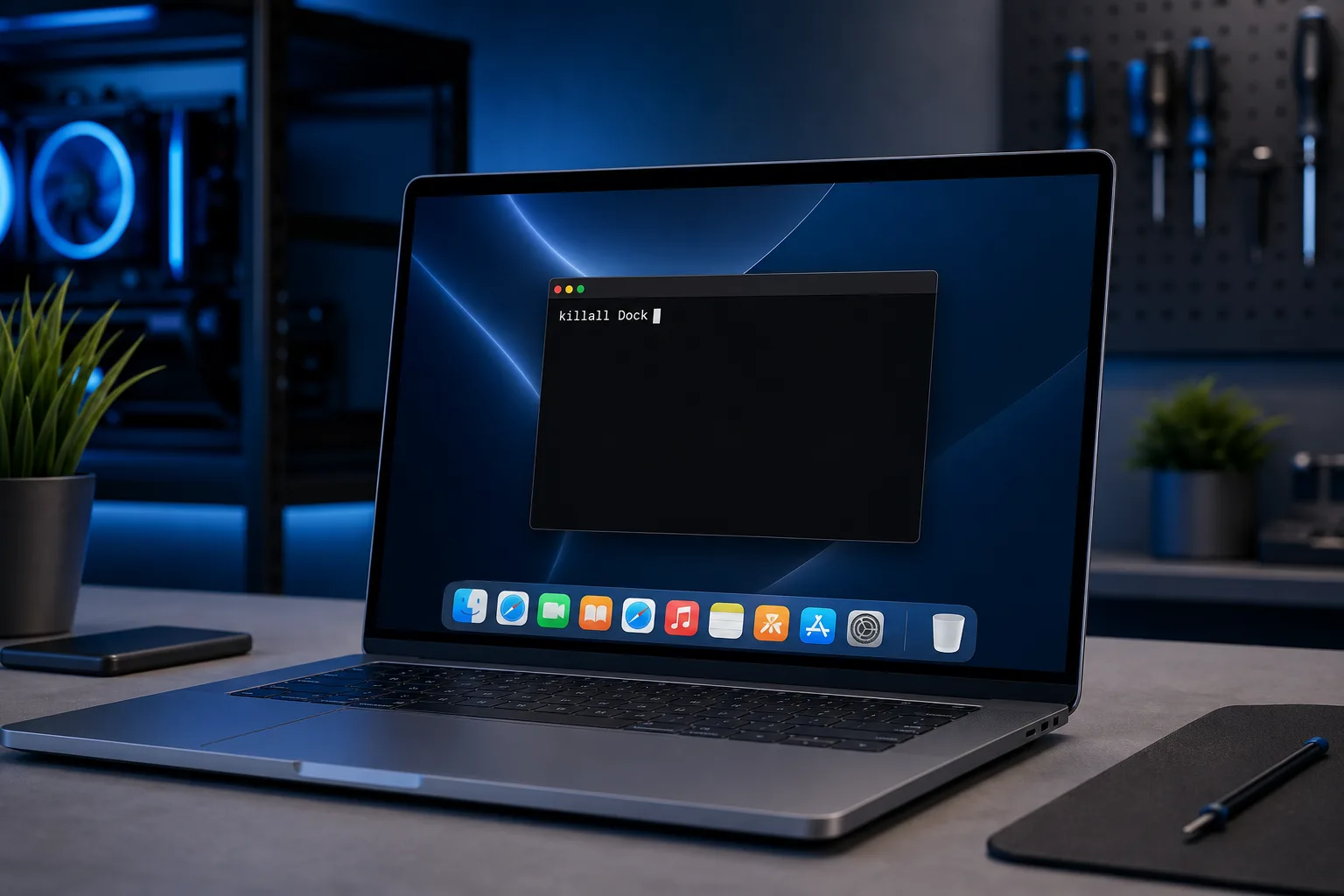 MacBook sobre un escritorio oscuro mostrando el Dock de macOS con íconos de aplicaciones y una ventana de Terminal con el comando 'killall Dock'