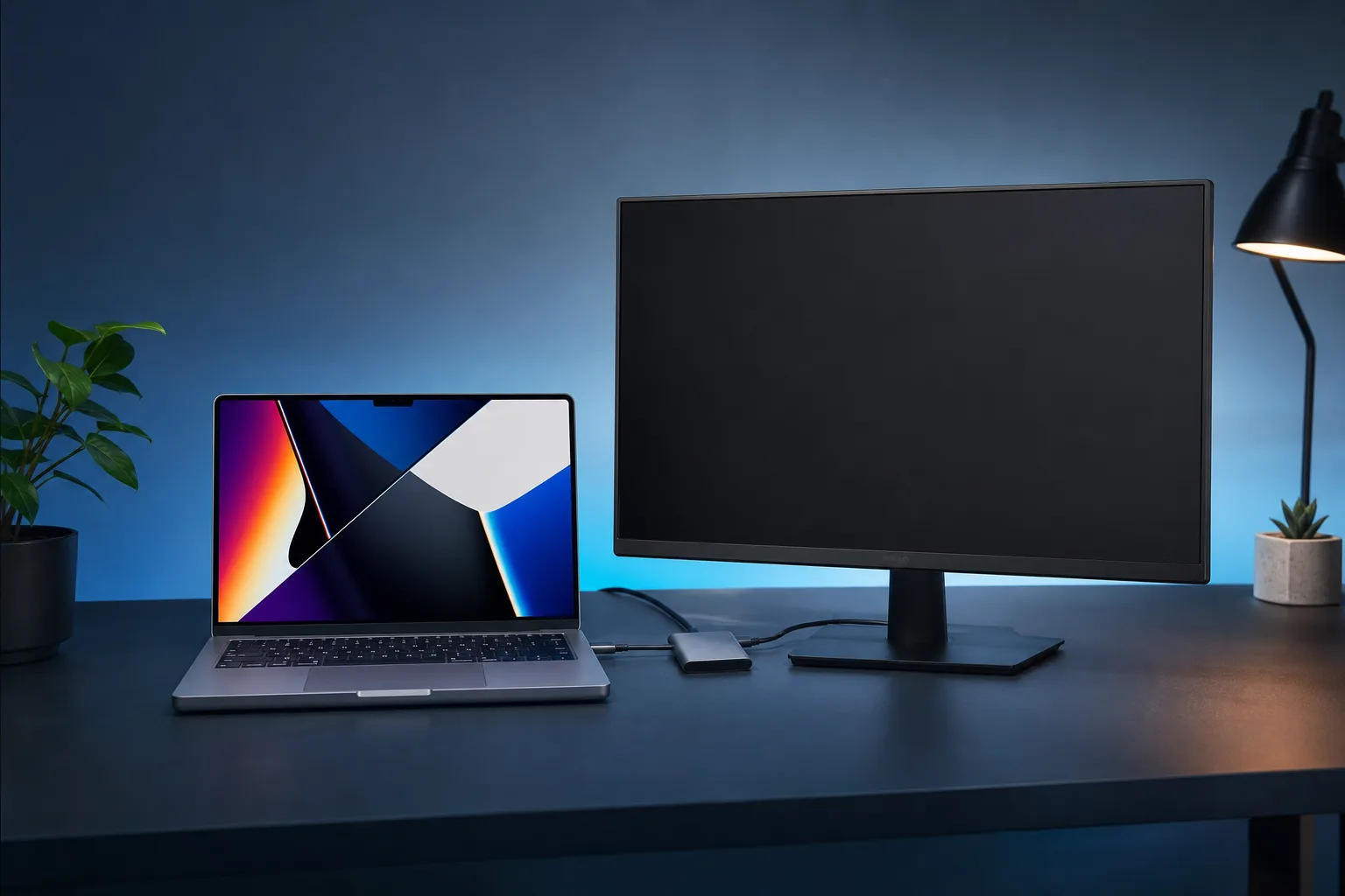MacBook Pro sobre un escritorio oscuro, conectada mediante un hub USB-C a un monitor externo en blanco, con una lámpara de escritorio y una planta pequeña cerca.