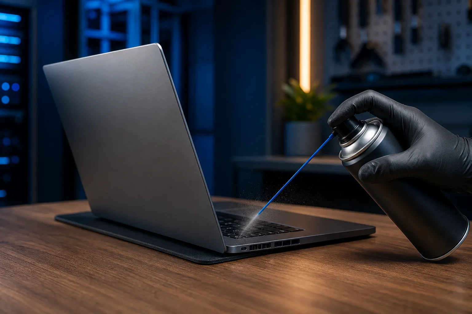 Gloved hand spraying compressed air into a MacBook Pro keyboard on a wooden desk in a dim blue-lit room.