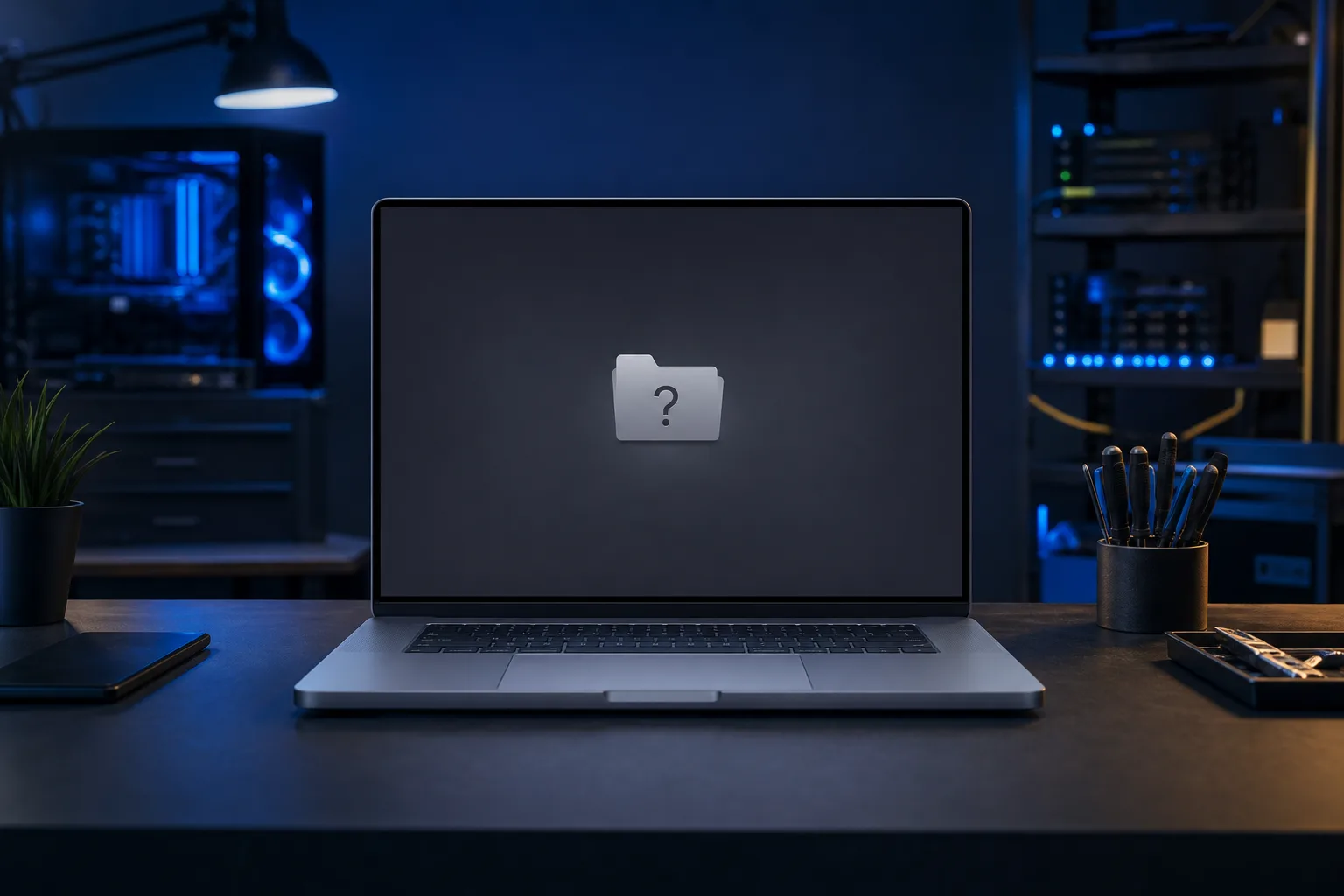 MacBook on dark desk showing black screen with gray question mark folder icon, blue-lit PC tower in background