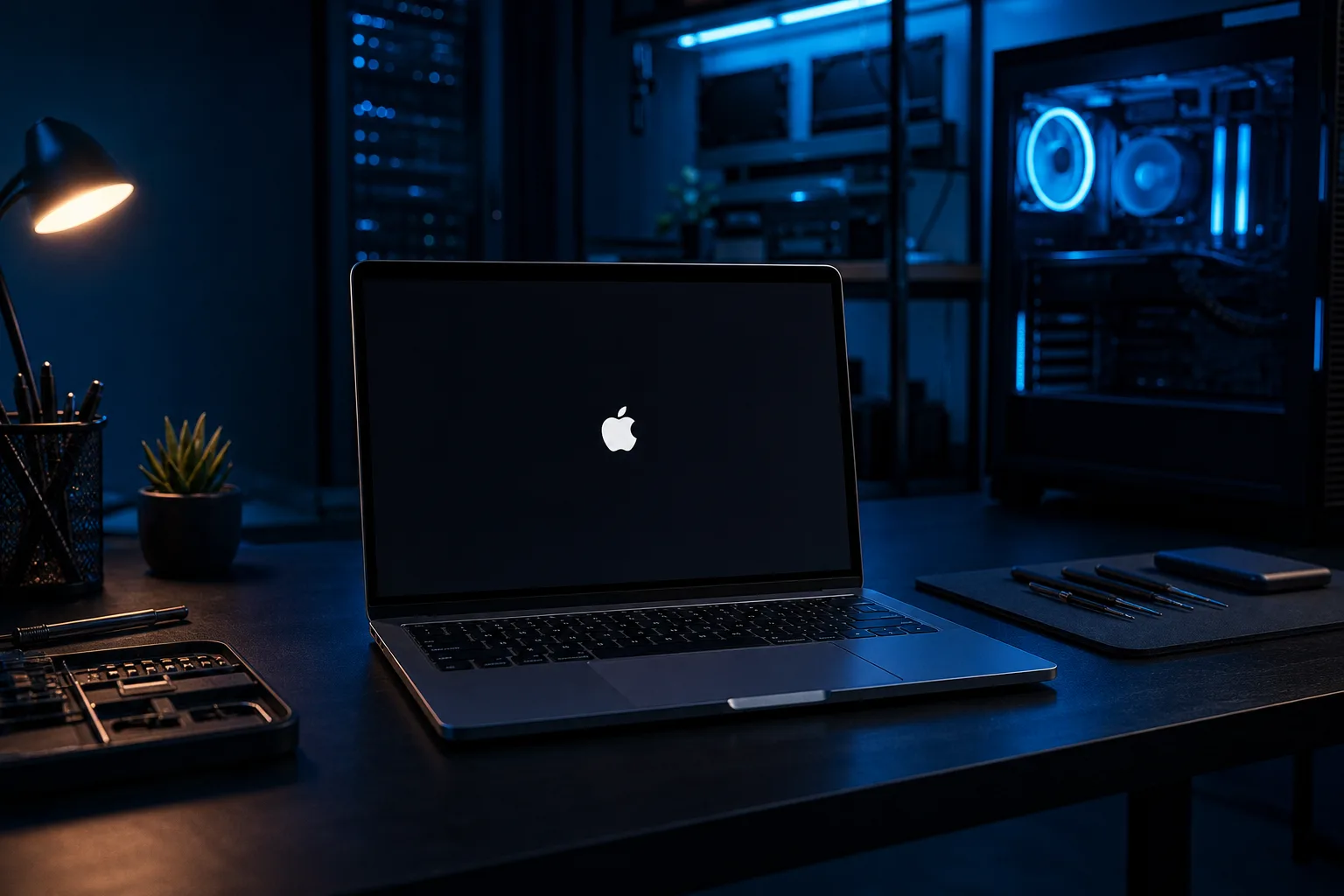 MacBook with Apple logo on black startup screen on a dark desk, flanked by a lamp, plant, tools, and a glowing PC tower.