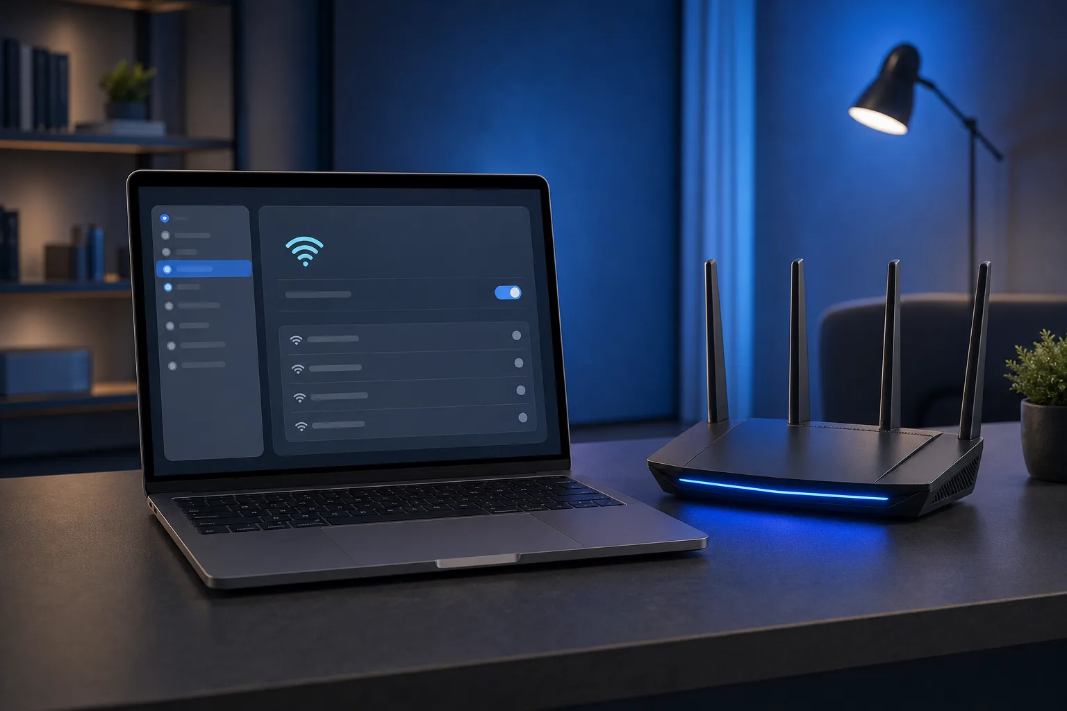 MacBook laptop showing Wi-Fi settings screen beside a black wireless router with blue LED, on a dark desk at night.