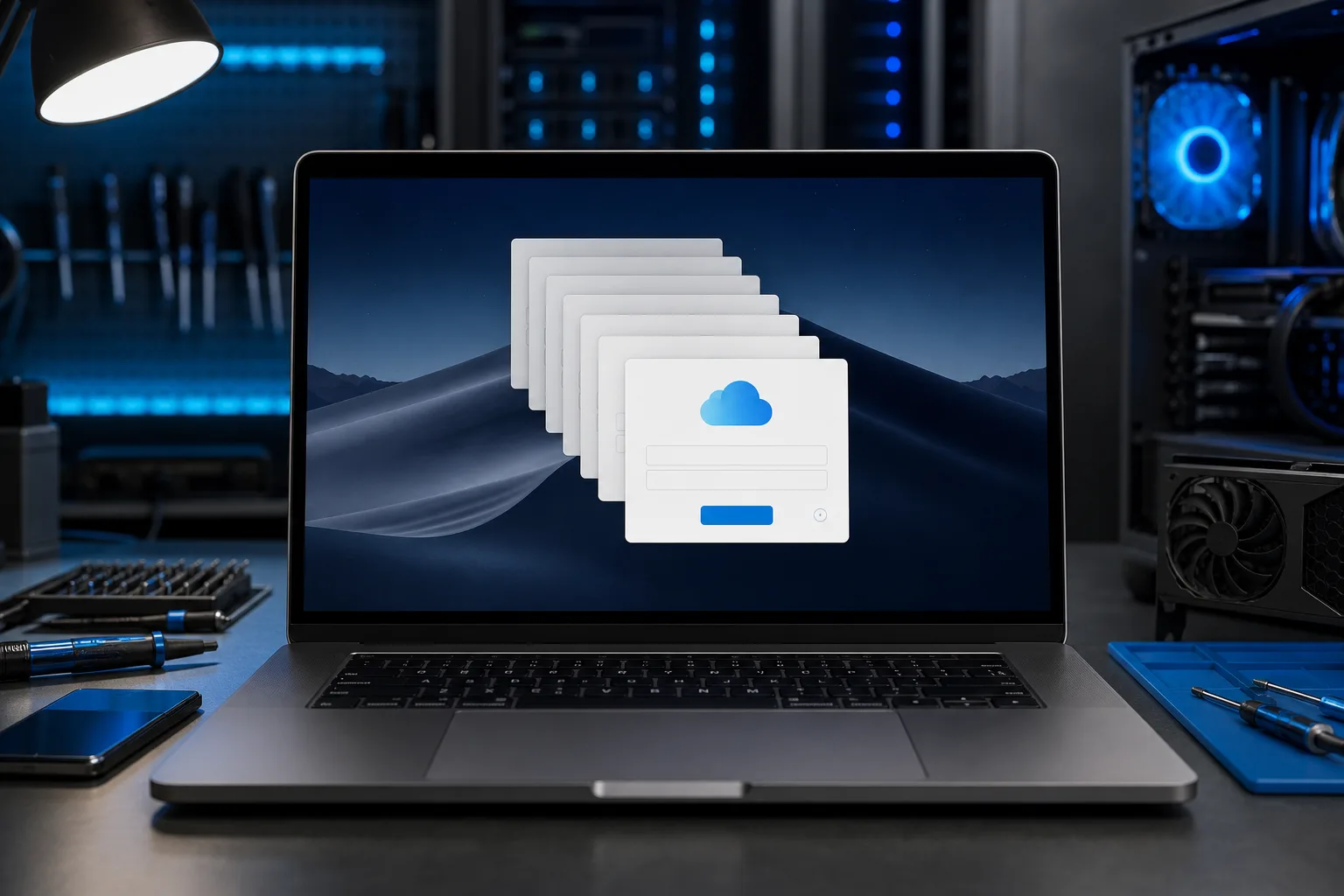 MacBook on a dark tech desk showing stacked iCloud sign-in dialog popups, with server racks and PC components in background.