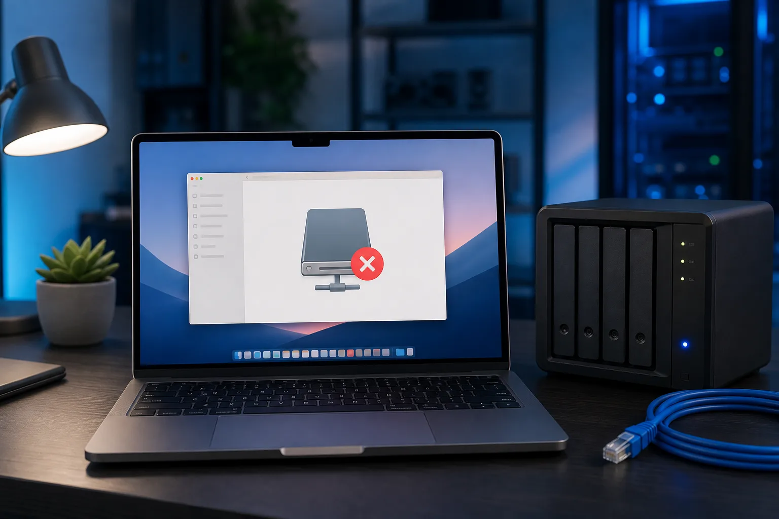 MacBook on desk showing Finder window with disconnected network drive icon, beside a 4-bay NAS device and blue Ethernet cable.
