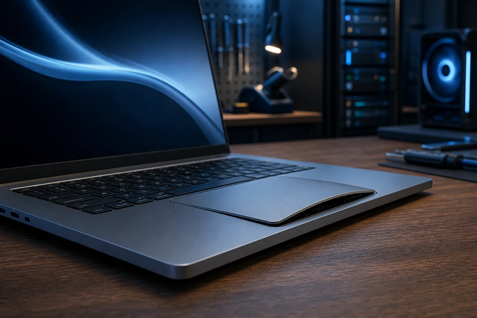 Computadora portátil MacBook abierta sobre un escritorio de madera en una habitación oscura, con el trackpad visiblemente deformado y abultado hacia arriba, e iluminación ambiental azul al fondo