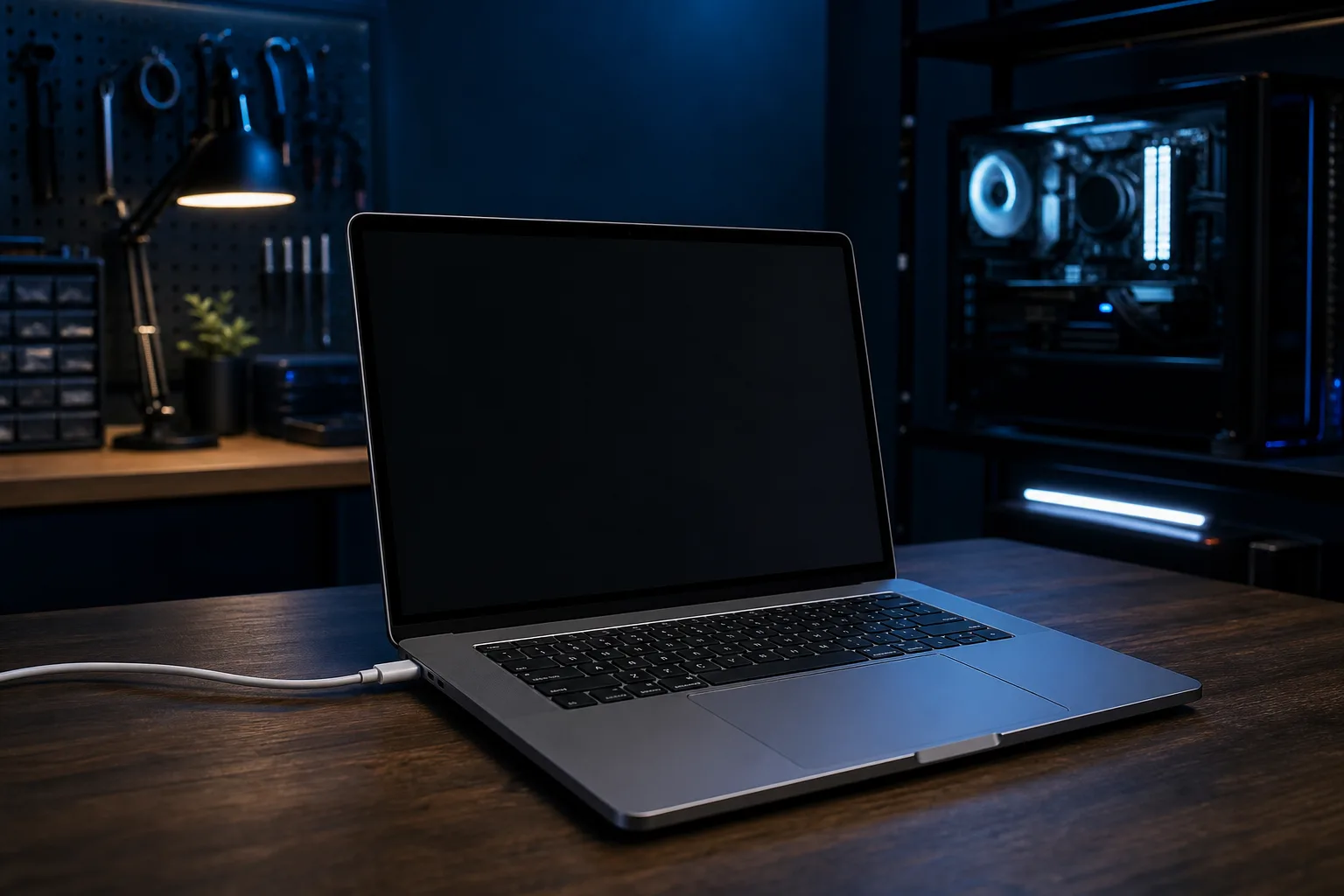 MacBook abierta sobre un escritorio de madera oscura con un cable de carga blanco, pantalla negra, en un espacio de trabajo con iluminación azul tenue y herramientas y una PC al fondo.