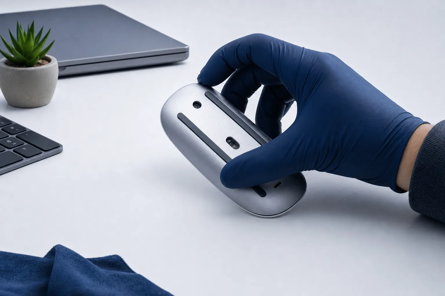 Mano con guante volteando un Apple Magic Mouse sobre un escritorio blanco, mostrando la parte inferior con el sensor y el puerto de carga
