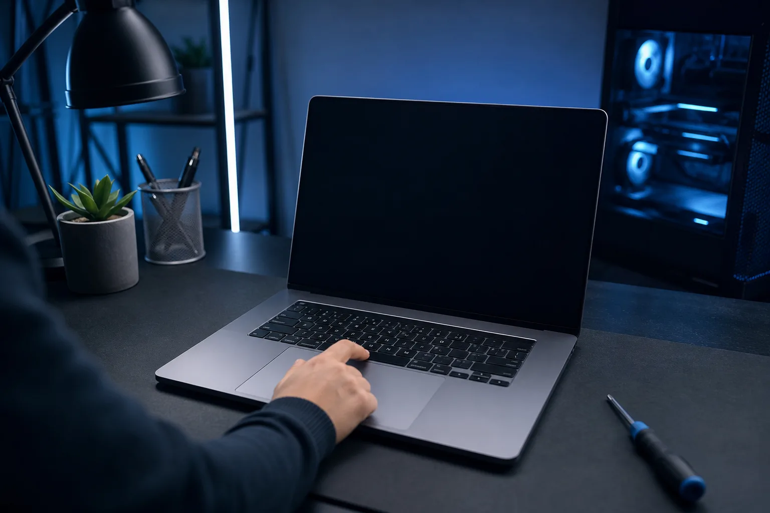 Hand resting on MacBook trackpad with black screen on dark desk; desk lamp, plant, pen holder, and glowing PC tower nearby.