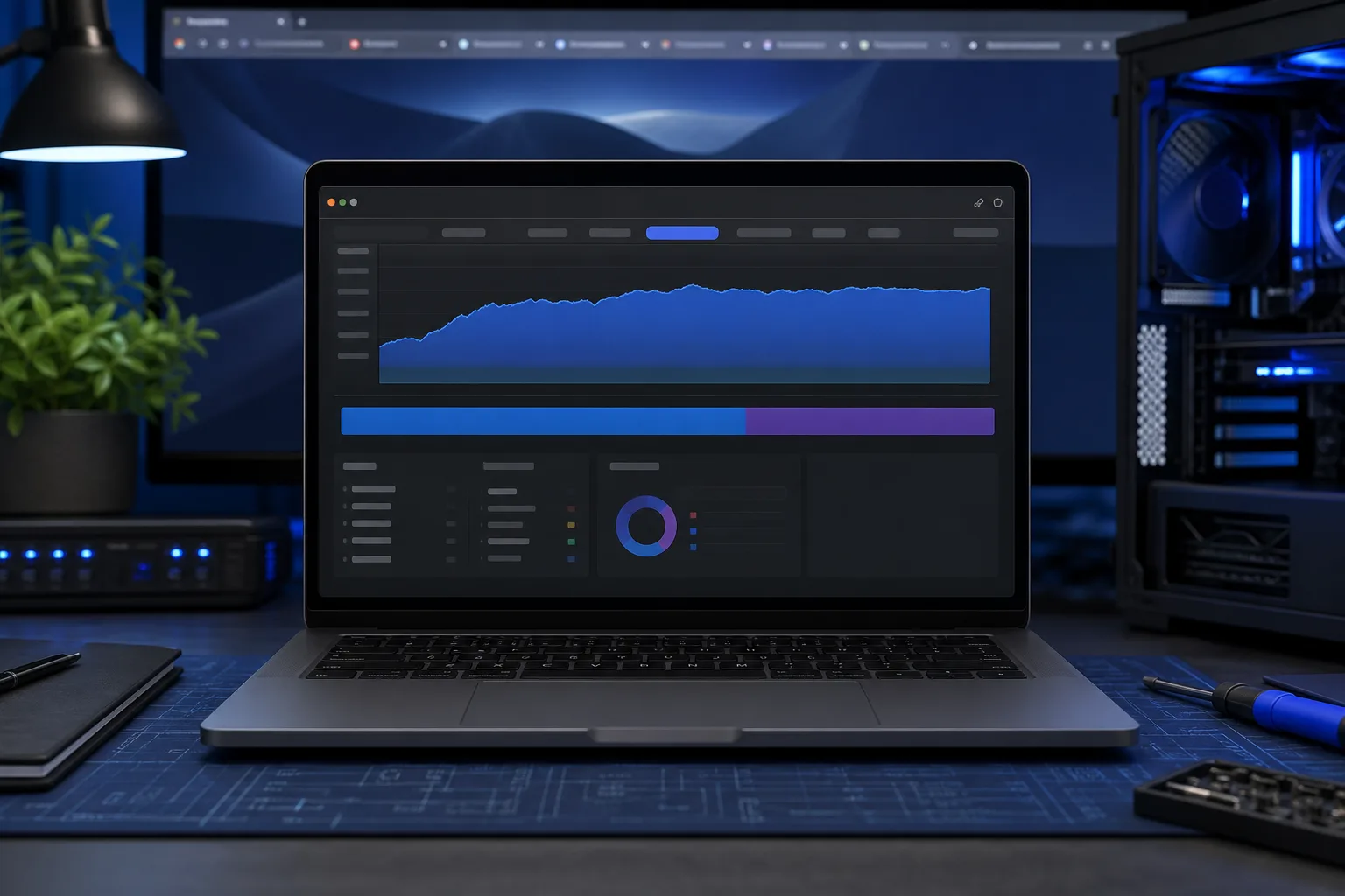 MacBook laptop on a dark desk displaying a dark-mode dashboard with area chart, progress bar, and donut chart, blue-lit setup