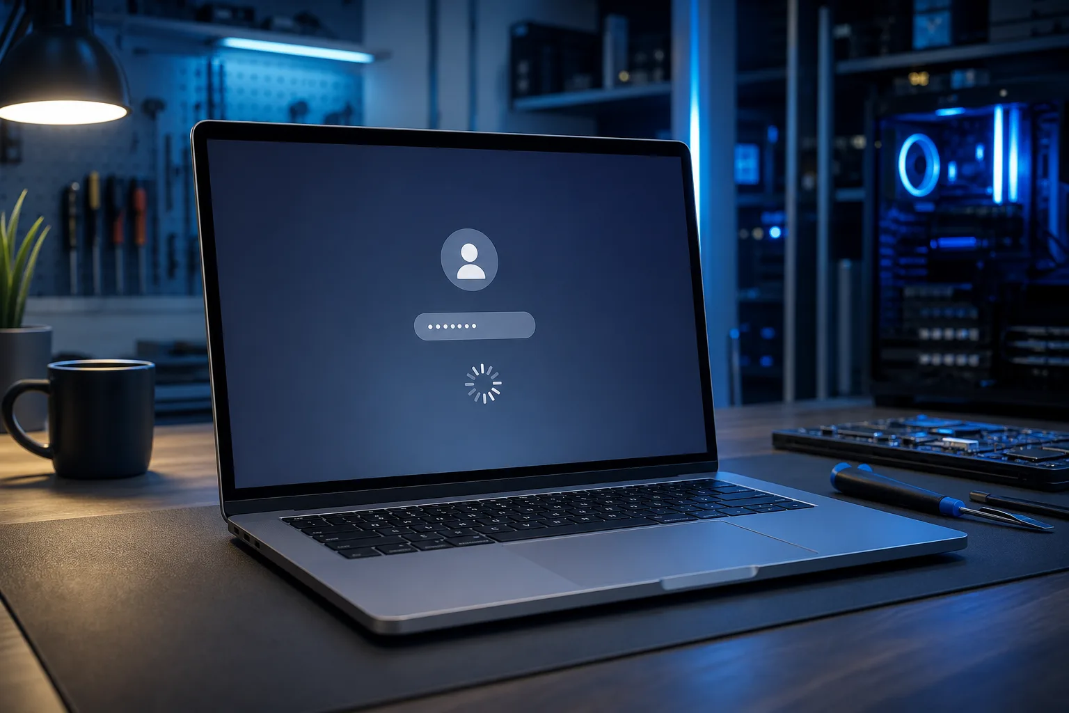 MacBook sobre un escritorio oscuro mostrando una pantalla de inicio de sesión con un icono de usuario, puntos de contraseña y un cursor de espera giratorio en un espacio de trabajo tecnológico