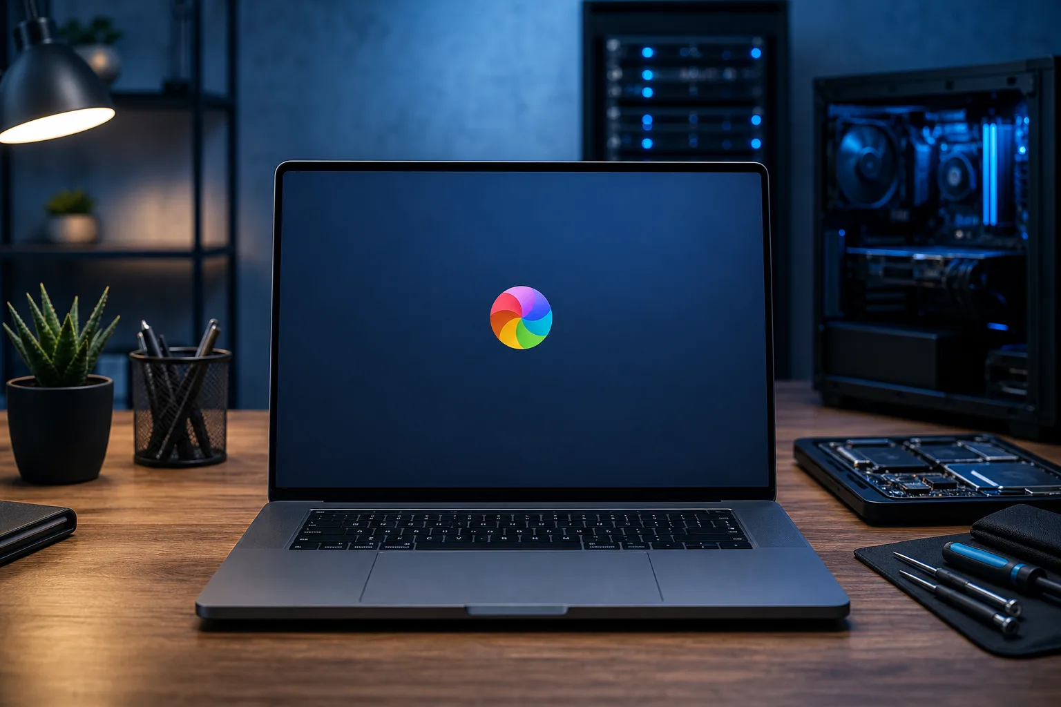 MacBook laptop on wooden desk displaying macOS spinning beachball cursor on dark screen, with PC tower and tools nearby.