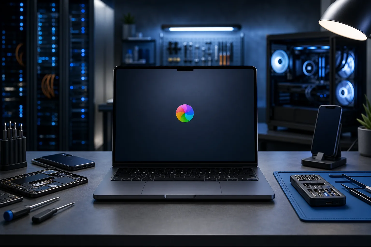 MacBook Pro on a dark tech workbench displaying the macOS spinning beachball cursor, surrounded by repair tools and components.