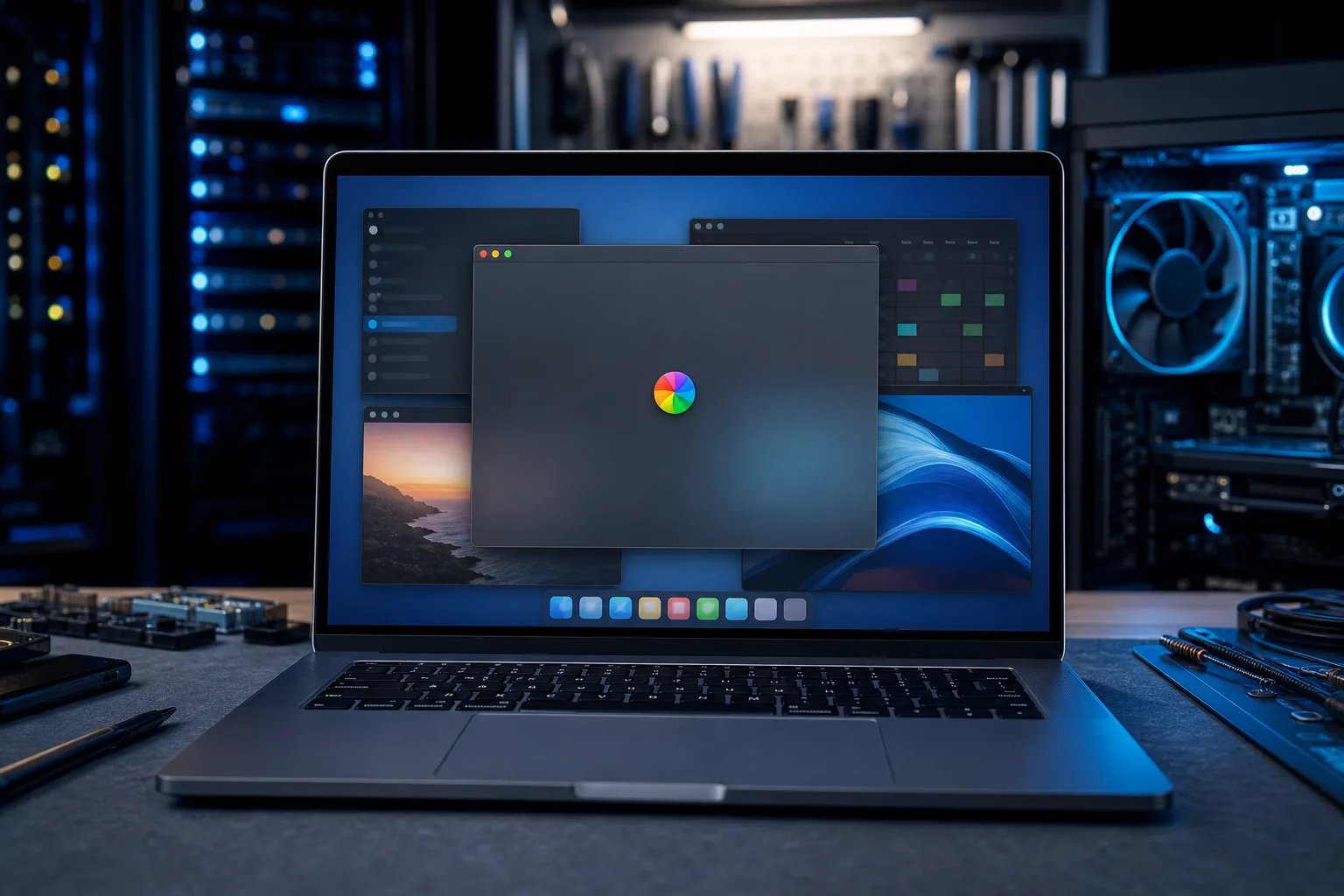 Computadora portátil MacBook que muestra el escritorio de macOS con el cursor de pelota de playa arcoíris giratoria sobre una ventana oscura, rodeada de hardware de servidor
