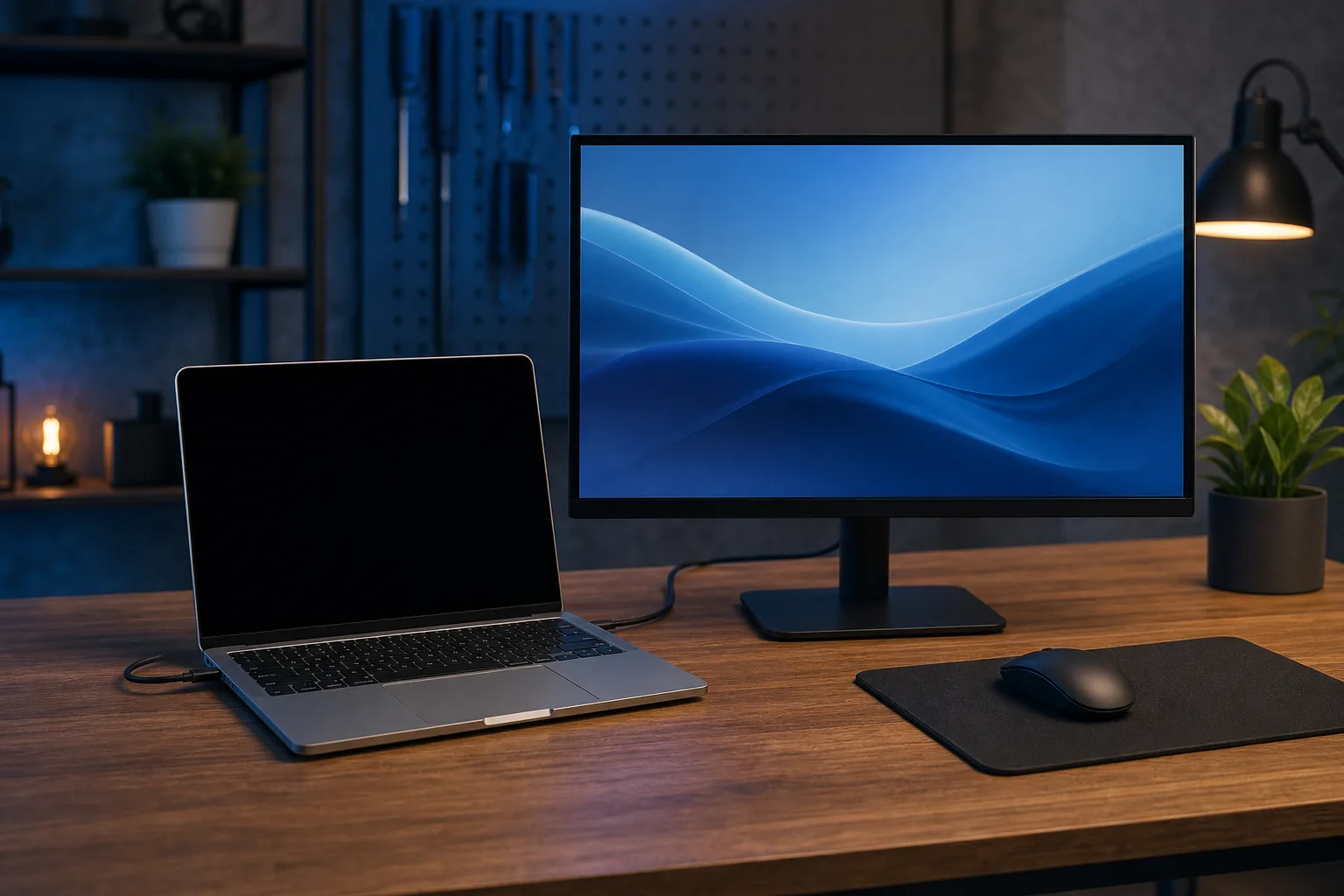 Laptop MacBook con la pantalla negra junto a un monitor externo que muestra un fondo de pantalla con ondas azules, sobre un escritorio de madera con un mouse y una lámpara.