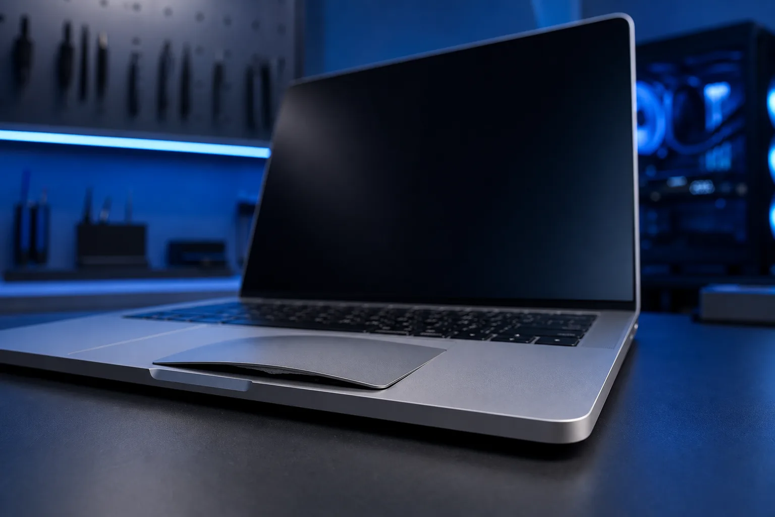 Silver MacBook open on dark desk in blue-lit tech workspace; trackpad visibly bowed upward above palm rest surface.