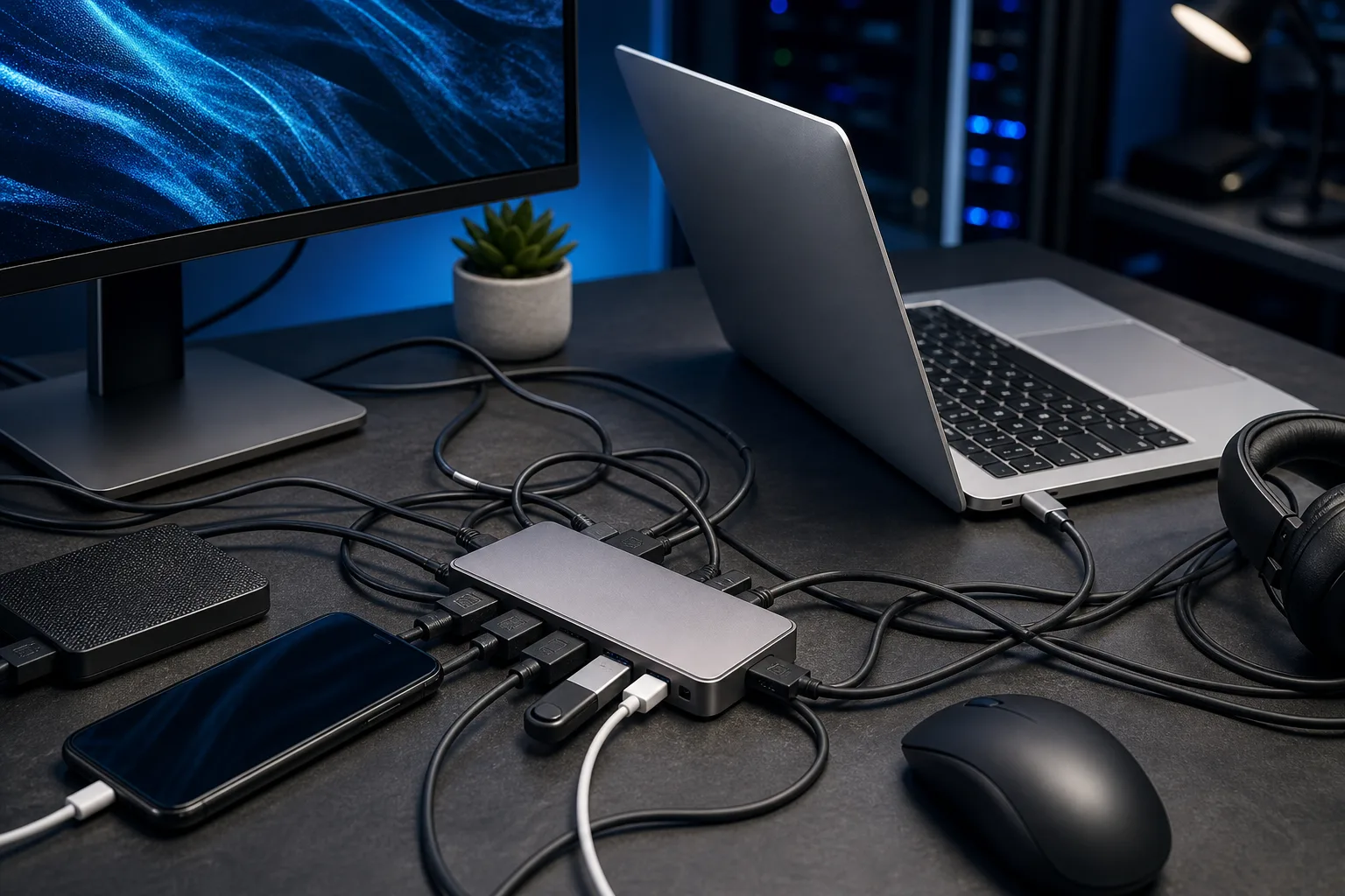 MacBook plateada conectada a un hub USB-C sobre un escritorio oscuro, con un monitor, mouse, teléfono, audífonos y unidad externa conectados.
