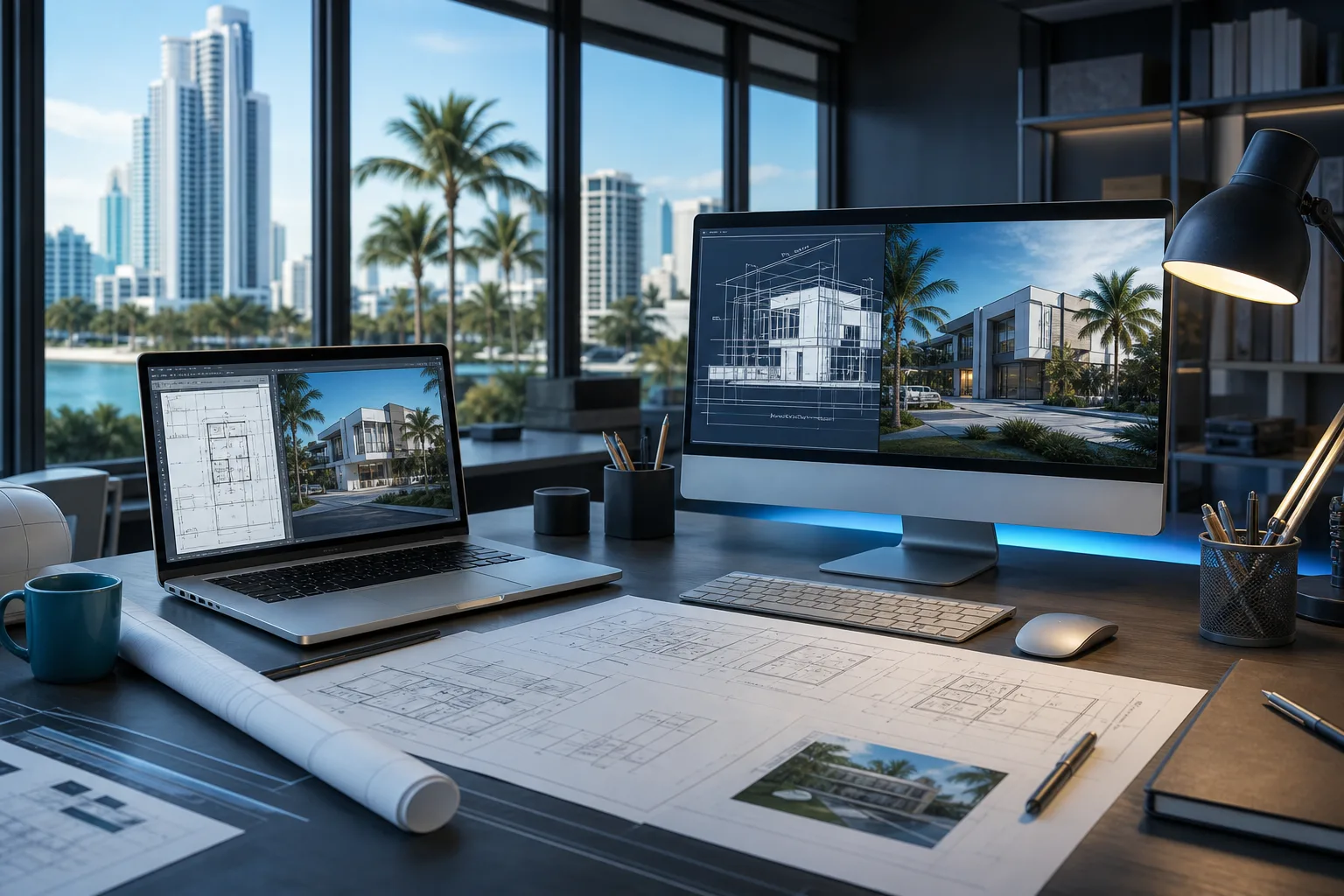 Architect's desk with Mac laptop and iMac desktop showing blueprints and 3D renders, overlooking Miami skyline with palm trees.