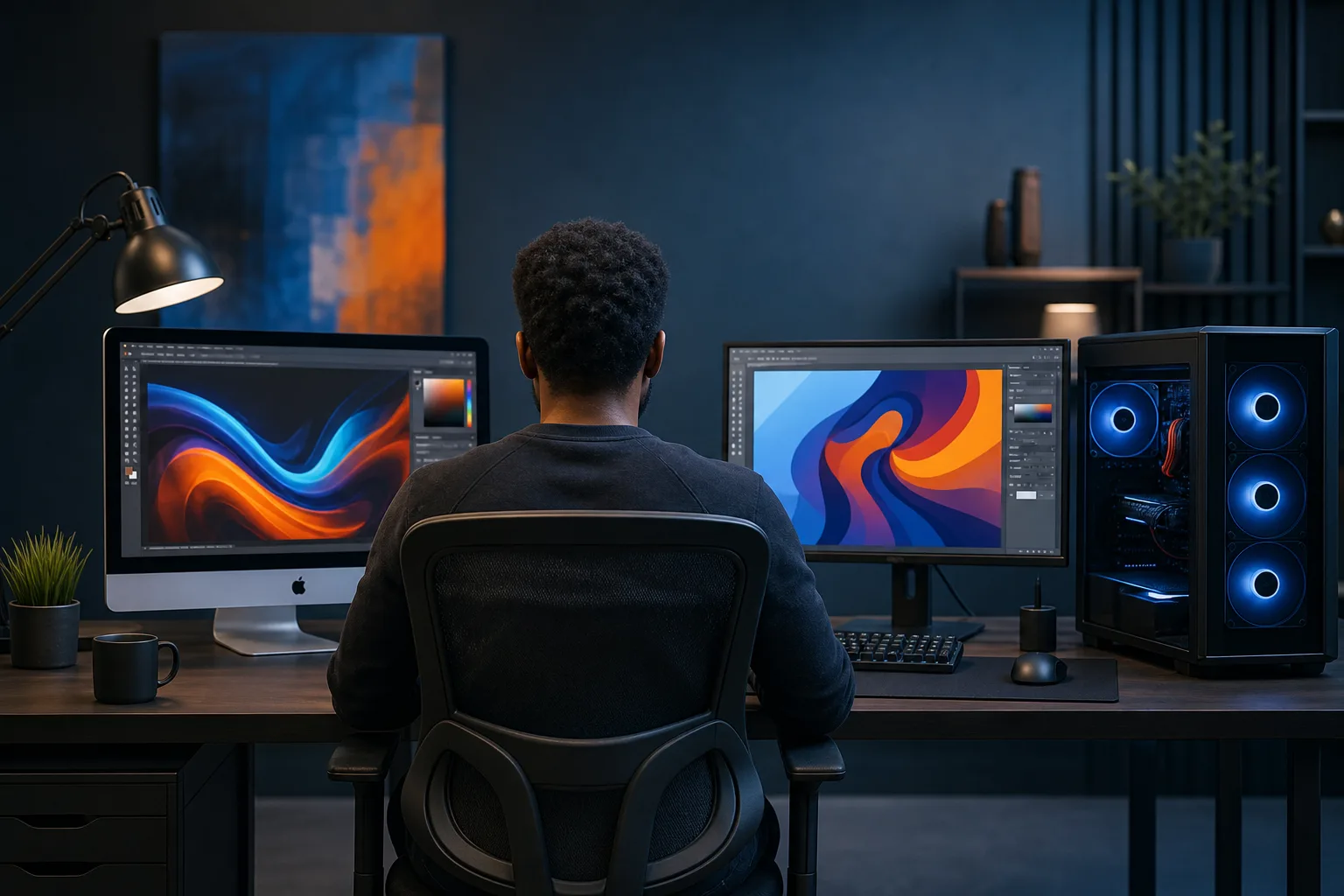 Person seen from behind at desk with Apple iMac and PC monitor showing colorful abstract art, RGB tower PC on right