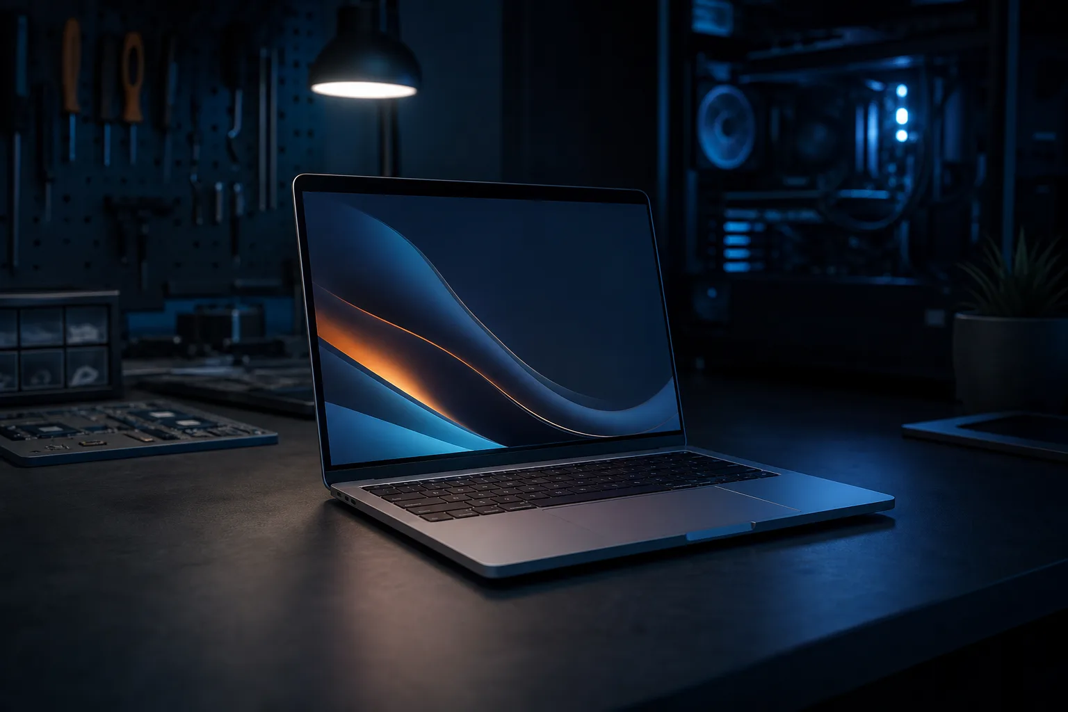 Silver laptop on dark desk in dim workshop, screen glowing with blue and orange wave wallpaper, overhead lamp and tools in background.