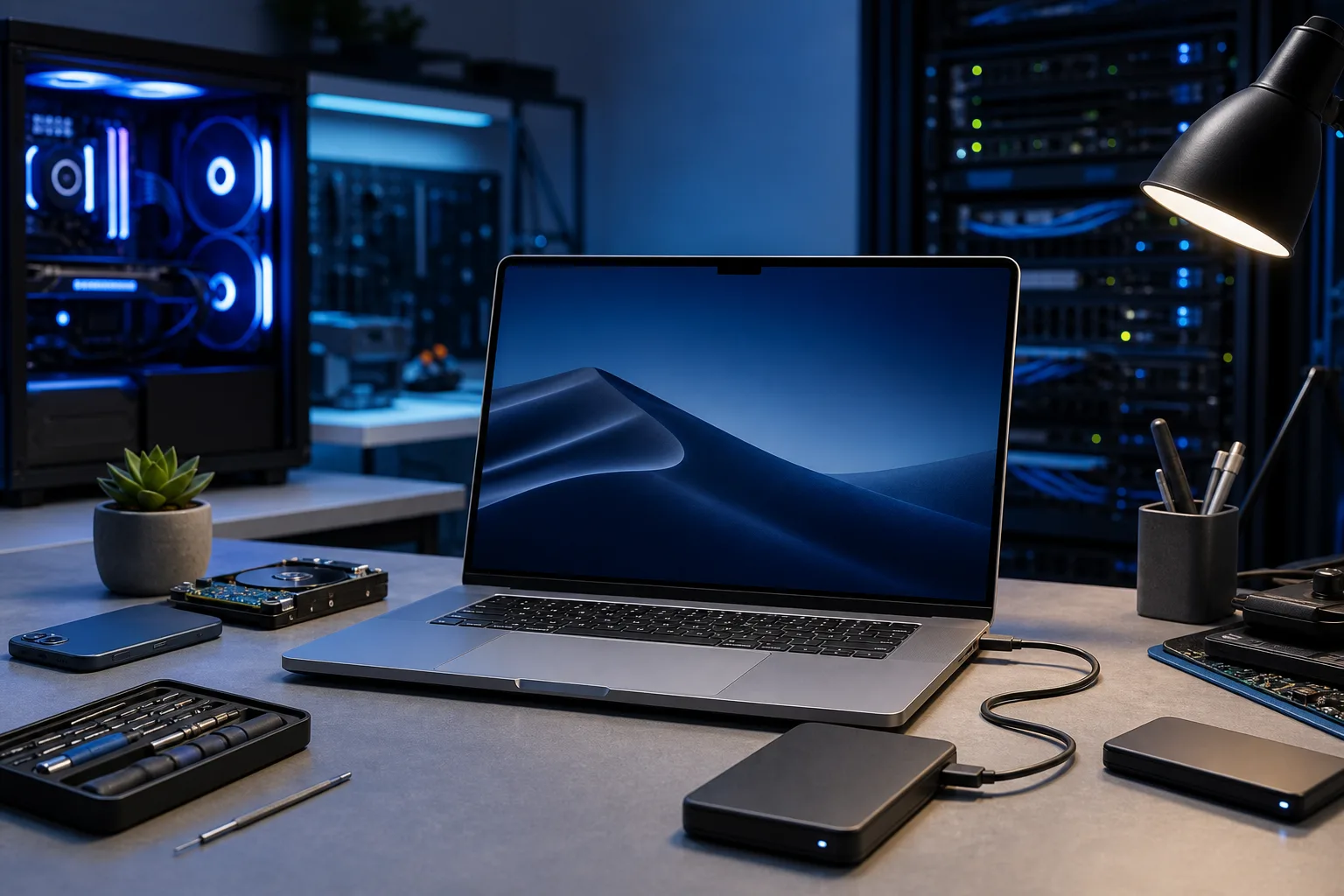 MacBook Pro on a dark desk with an external drive connected via USB-C, beside screwdrivers, an HDD, and a glowing PC tower.