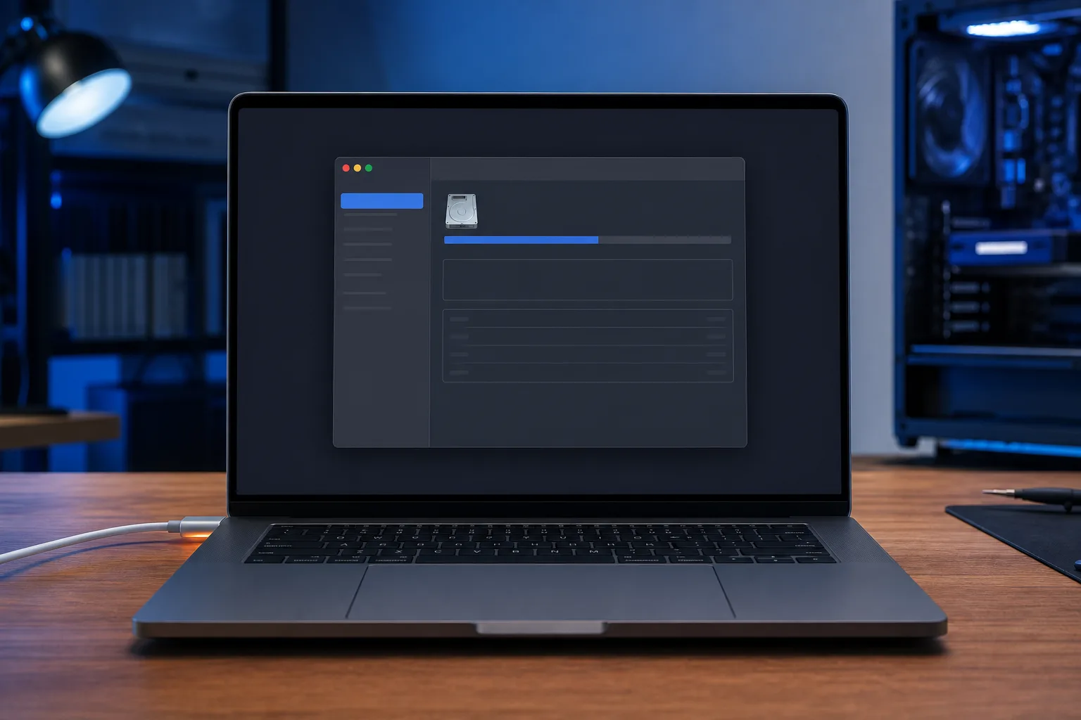 MacBook Pro in dark mode displaying Disk Utility with a hard drive icon and blue progress bar, on a wooden desk