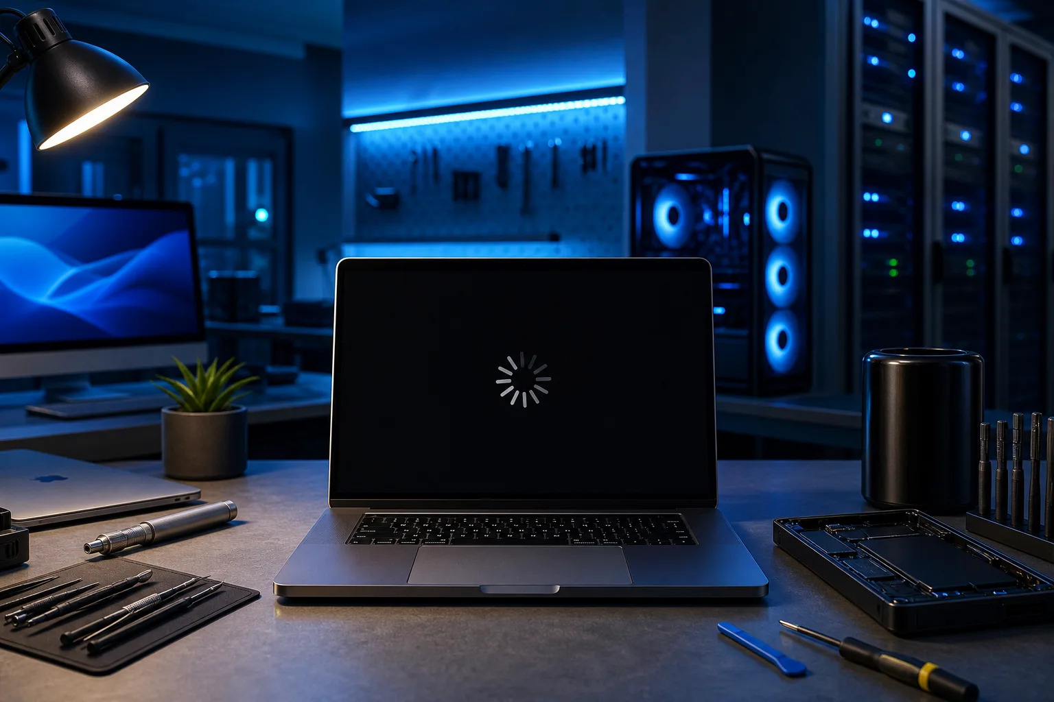 MacBook with loading spinner on black screen on a repair workbench surrounded by tools, with server racks and PC in background. MacBook with loading spinner on black screen on a repair workbench surrounded by tools, with server racks and PC in background.