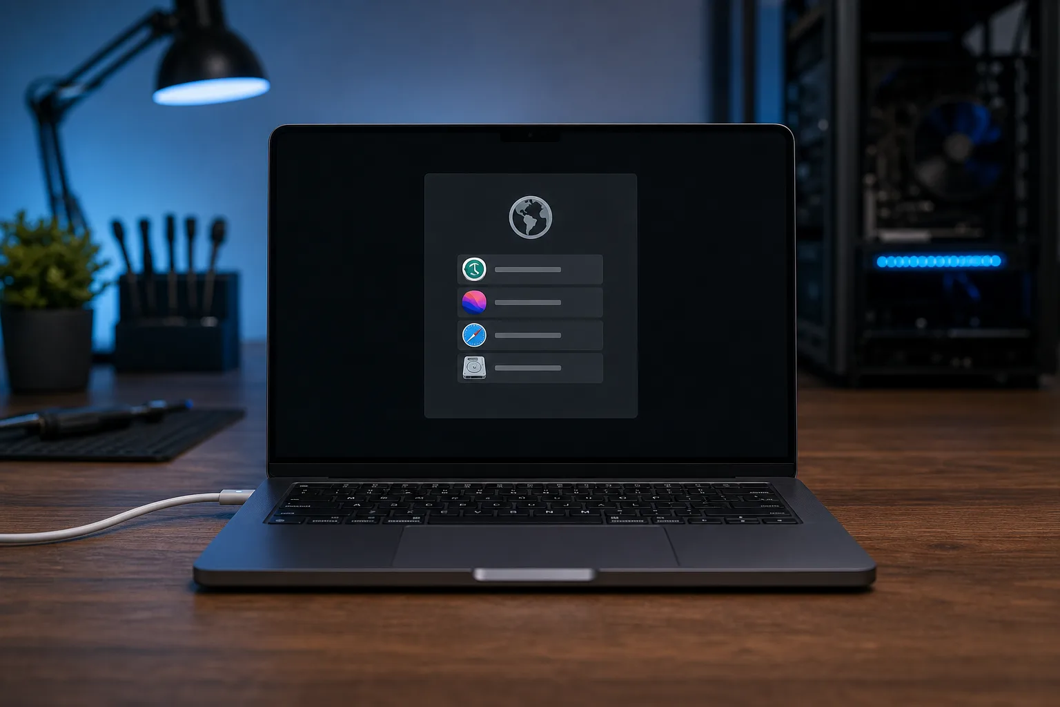 MacBook Pro in dark mode showing macOS Recovery menu with app icons on a wooden desk, blue desk lamp and PC tower in background