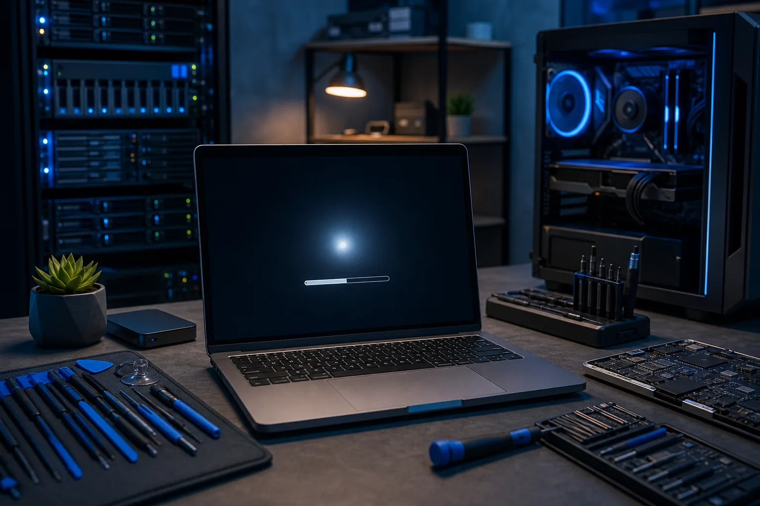 Laptop showing a dark boot screen with loading bar, surrounded by repair tools, screwdrivers, and a glowing PC tower in dim blue lighting. Laptop showing a dark boot screen with loading bar, surrounded by repair tools, screwdrivers, and a glowing PC tower in dim blue lighting.