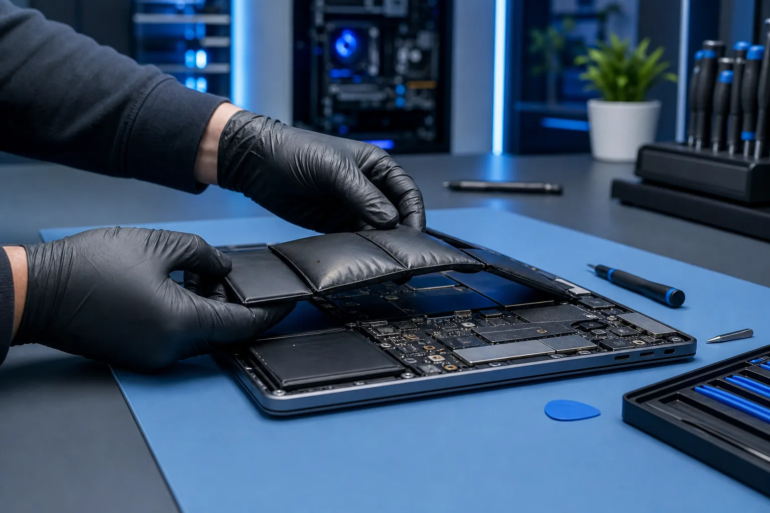Gloved hands removing a swollen multi-cell lithium-ion battery from an open laptop on a blue repair mat with tools nearby