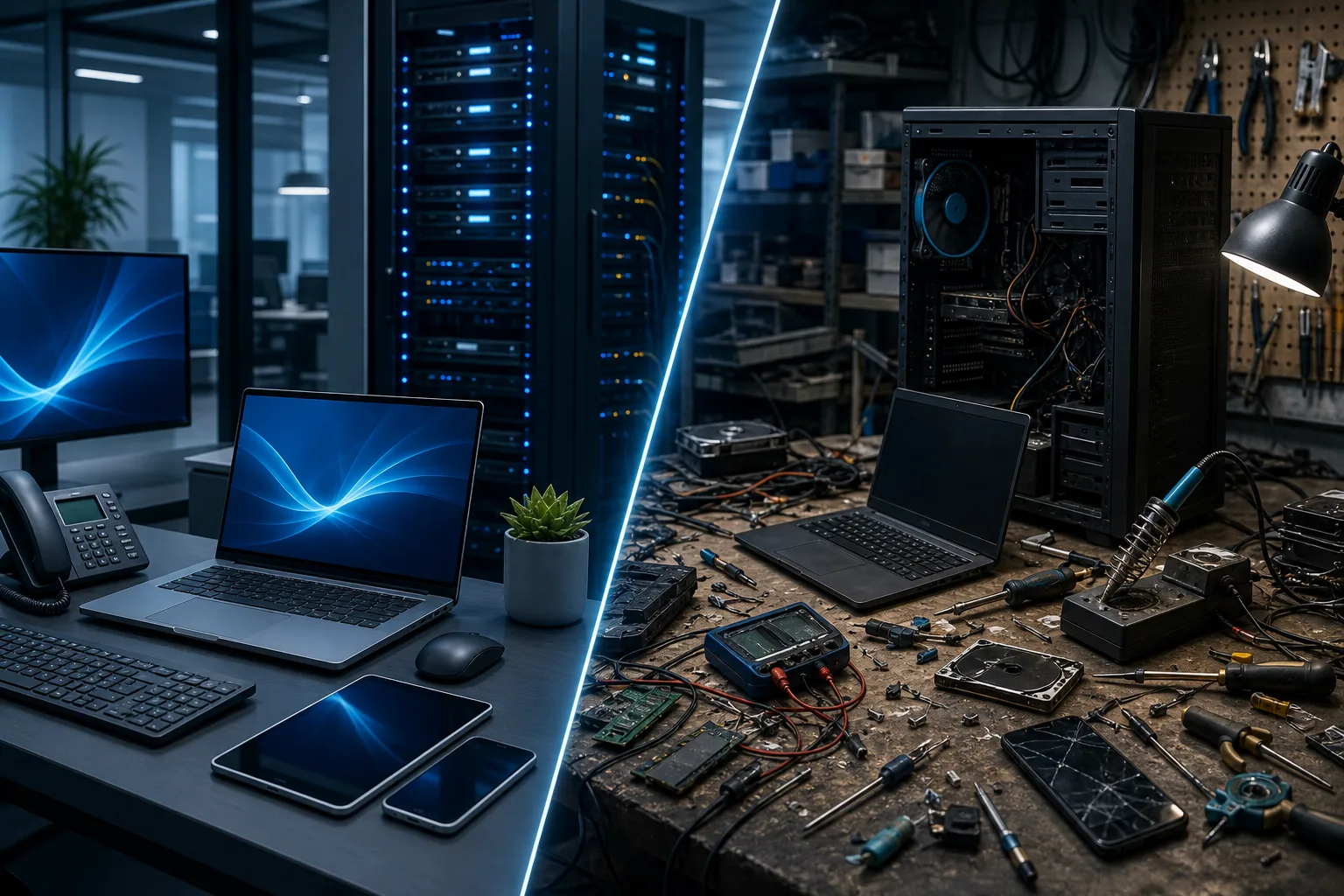 Split image: left shows clean IT office with laptop, monitor, server racks; right shows cluttered repair bench with open PC and tools.