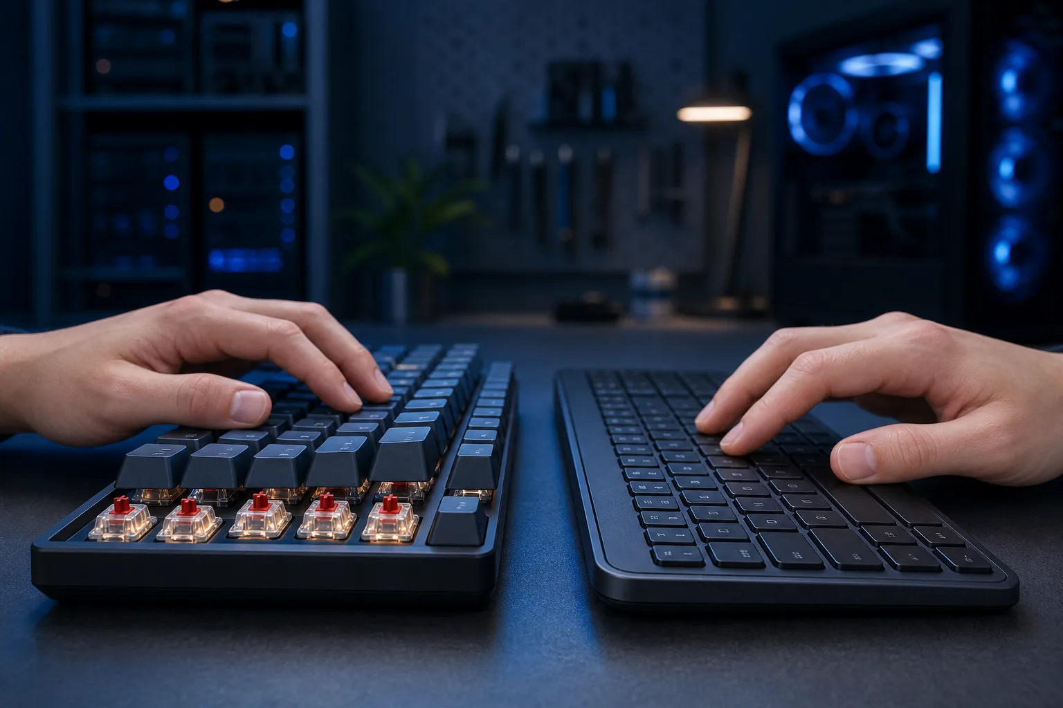 Dos manos escribiendo en teclados colocados uno al lado del otro: a la izquierda, un teclado mecánico con switches rojos expuestos; a la derecha, un teclado de membrana delgado.