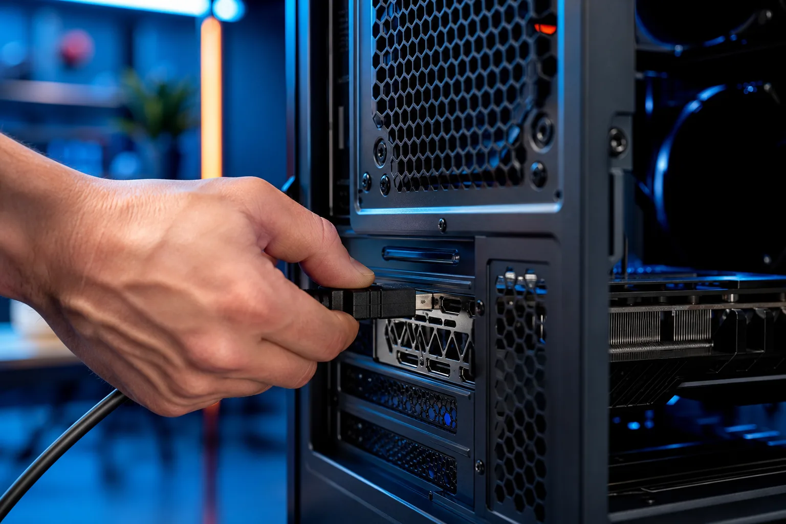 Hand plugging a black cable connector into a GPU port on the back panel of a dark desktop PC tower.