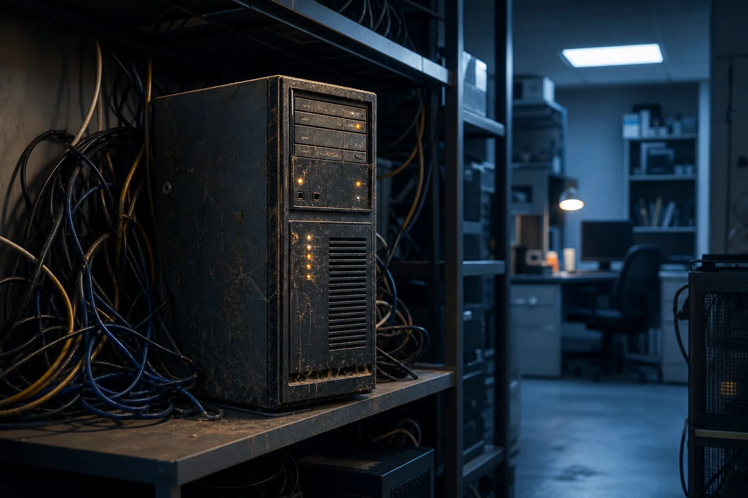 Dusty, worn black tower PC with amber indicator lights on a metal shelf, surrounded by tangled cables in a dim back office.