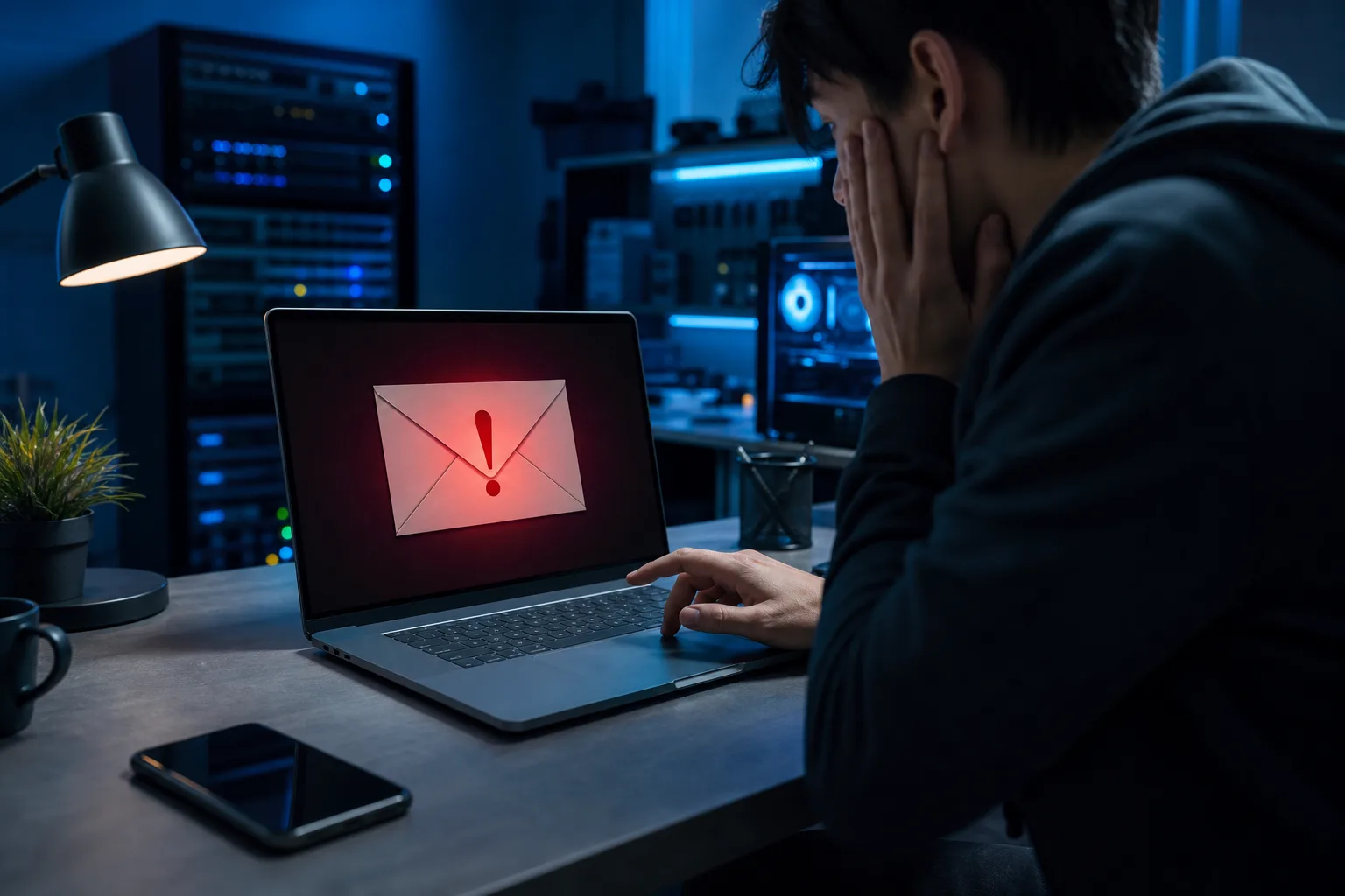 Person in dark room holds face in distress while viewing laptop showing red warning envelope icon with exclamation mark