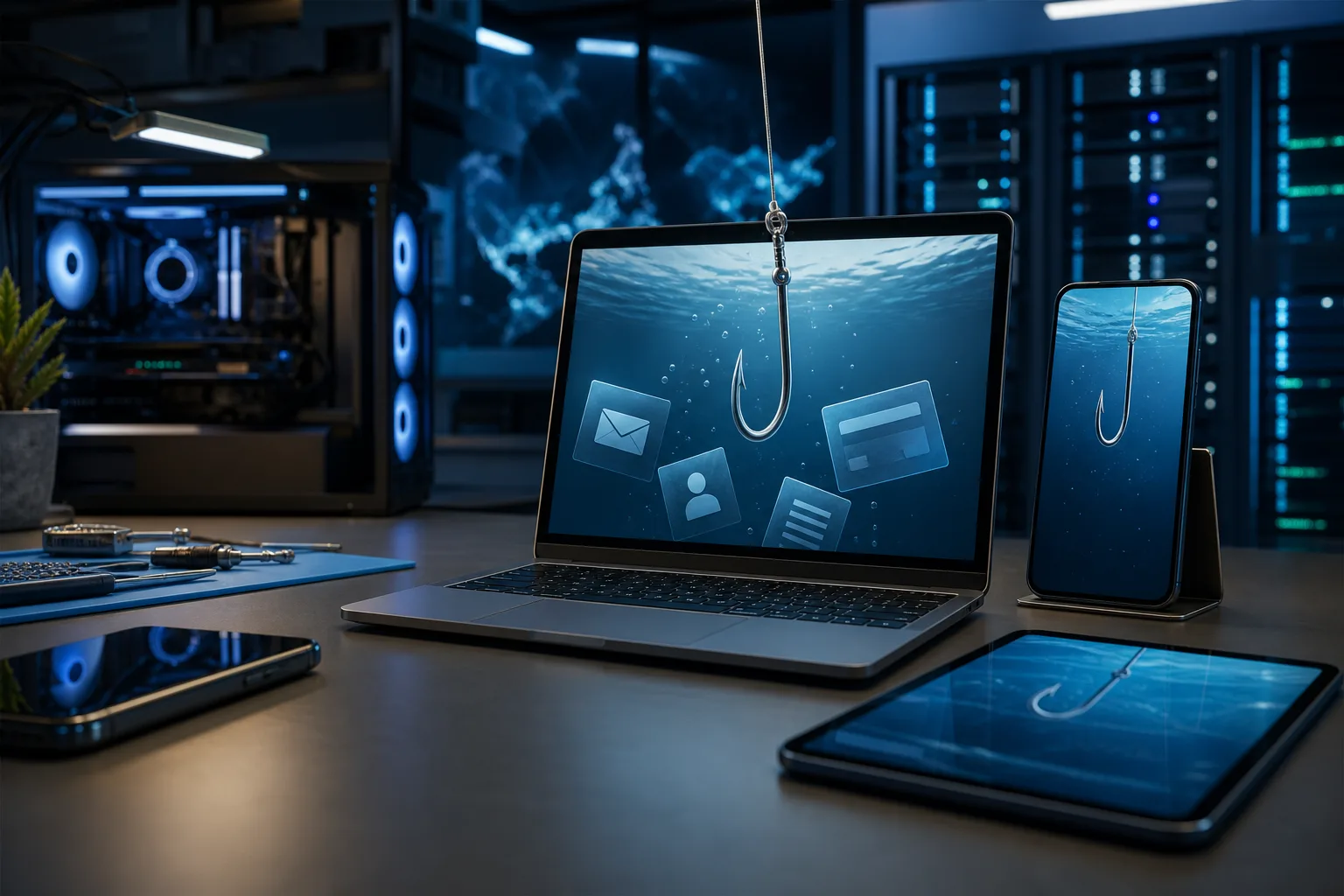 Laptop, phone, and tablet displaying fishing hooks and data icons underwater, symbolizing phishing attacks on devices.