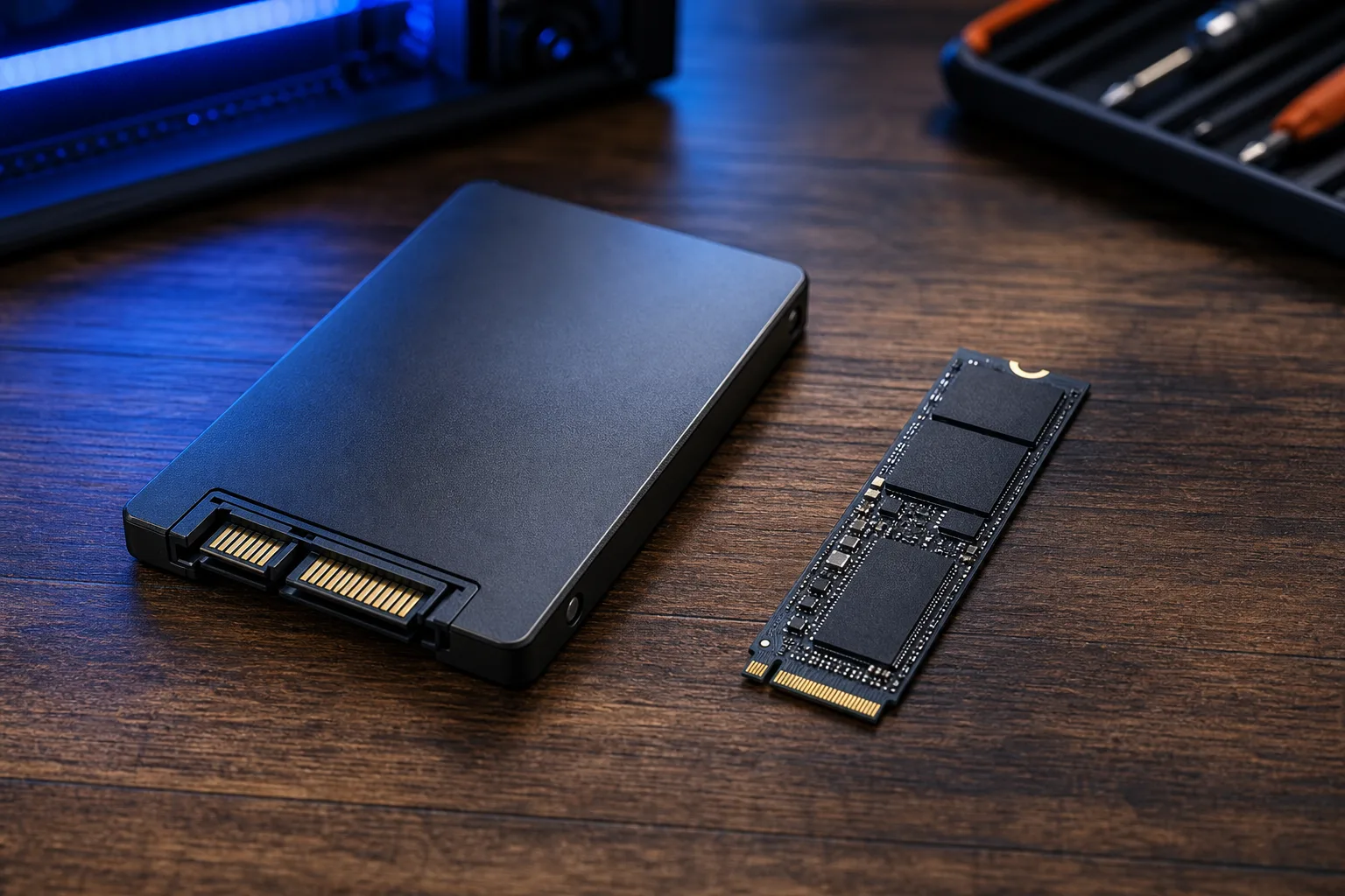 2.5-inch SATA SSD with visible connector ports beside a slim M.2 NVMe SSD on a wooden desk, screwdrivers in background